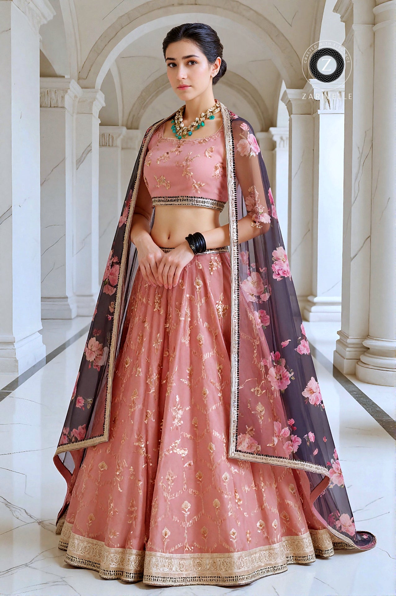 Beige Embroidered Georgette Lehenga (Side)