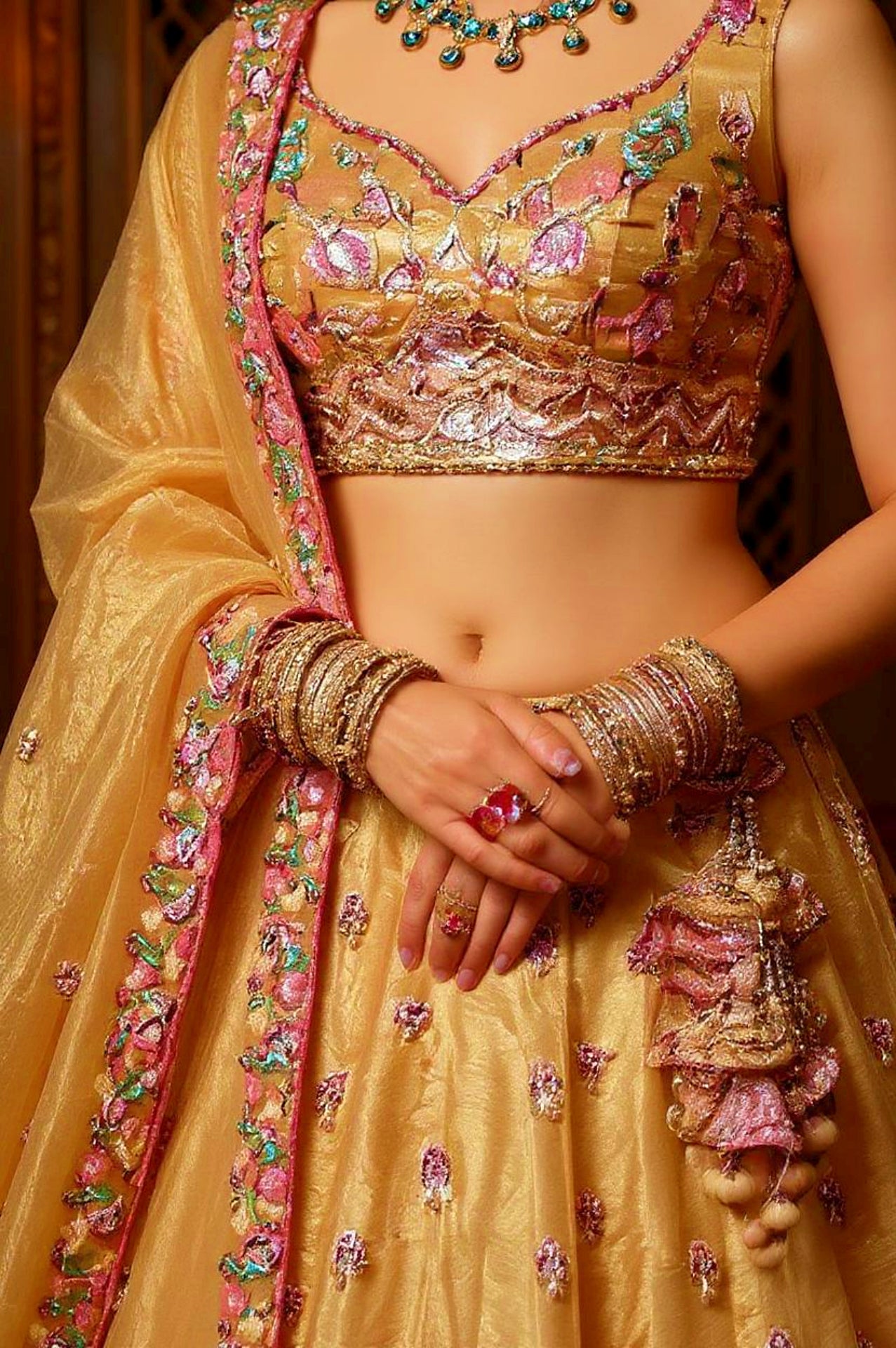 Beige Heavy Embroidered Silk Lehenga (Closeup)