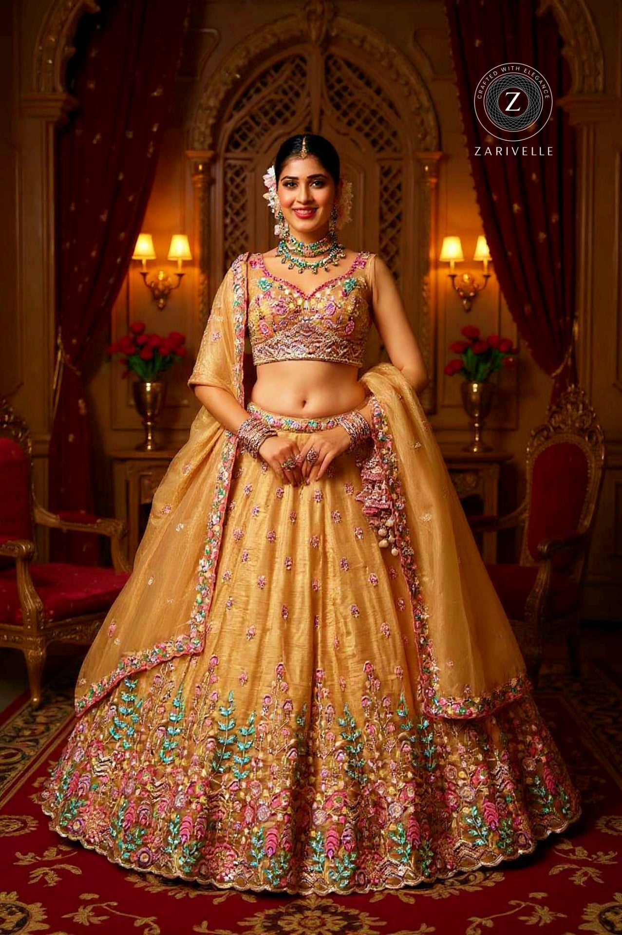 Beige Heavy Embroidered Silk Lehenga (Front)