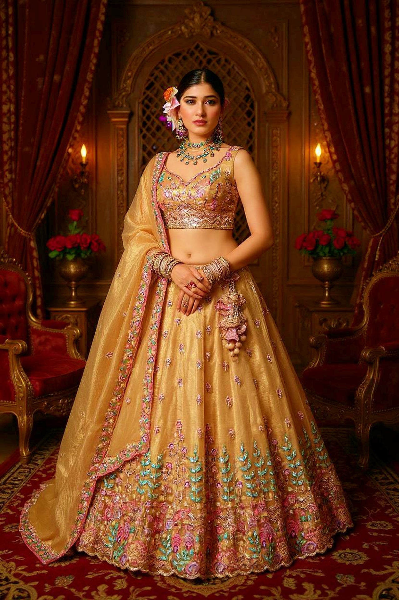 Beige Heavy Embroidered Silk Lehenga (Side)
