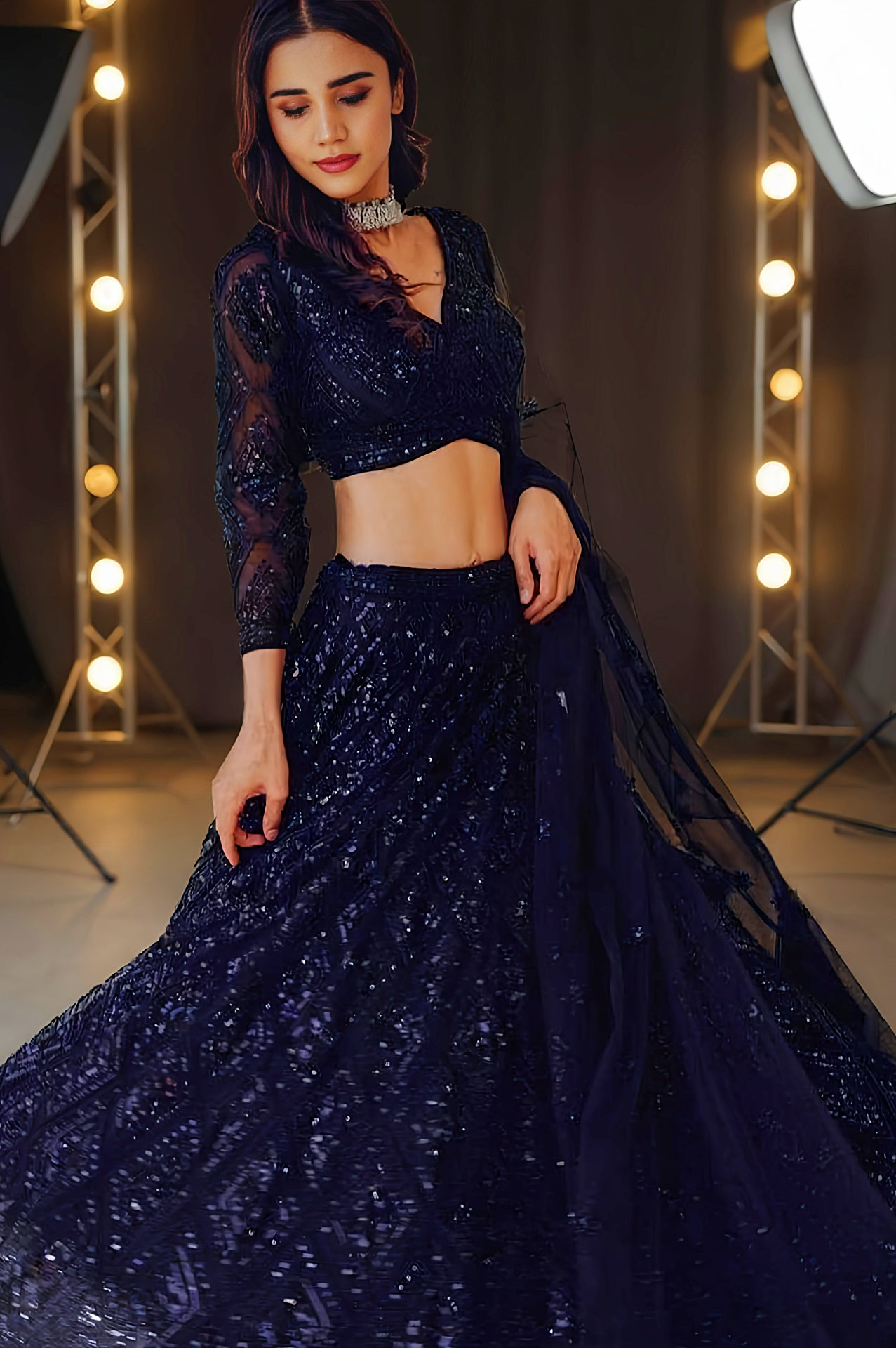 Black Embroidered Georgette Lehenga (Side)