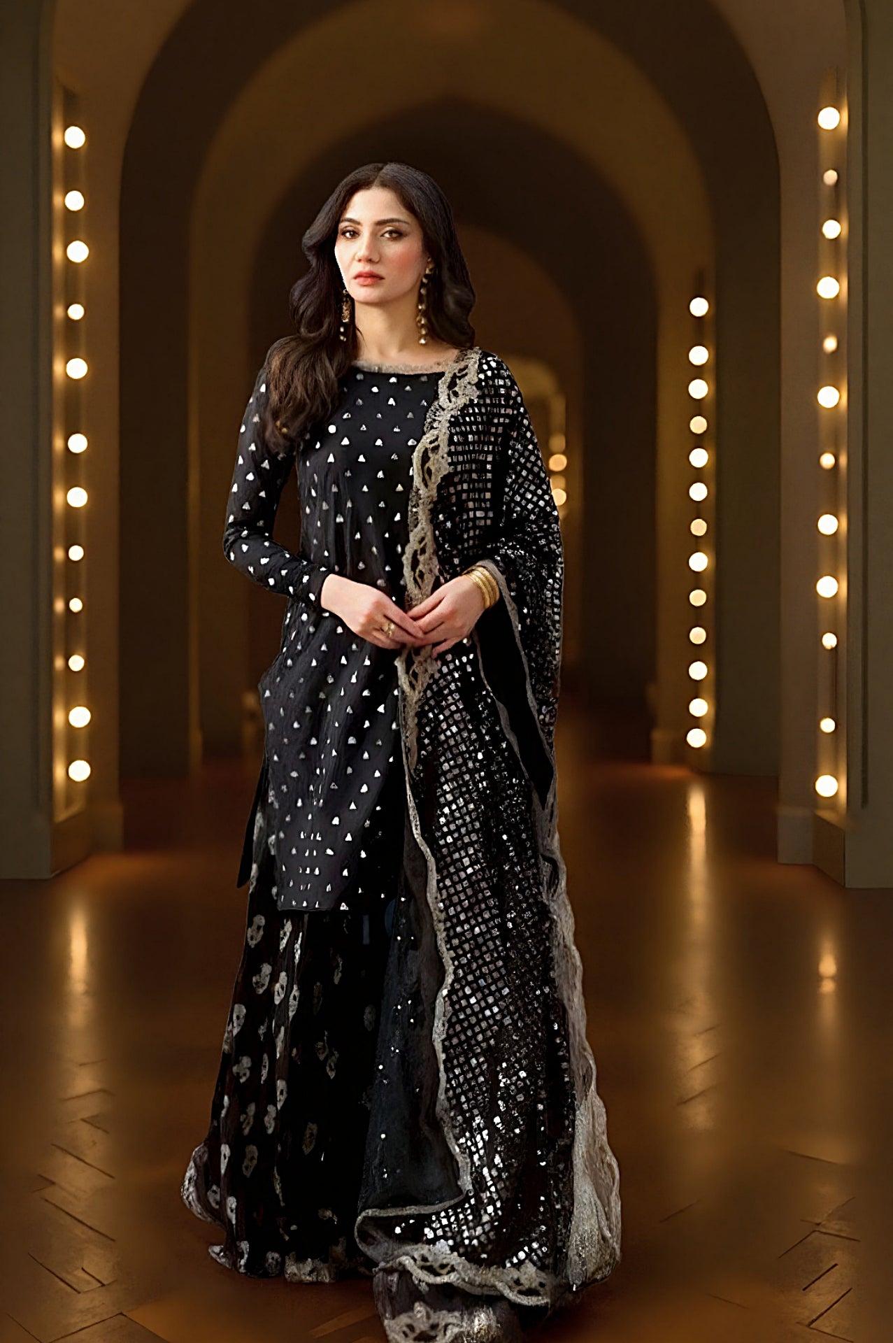 Black Embroidered Georgette Sharara Suit (Front)