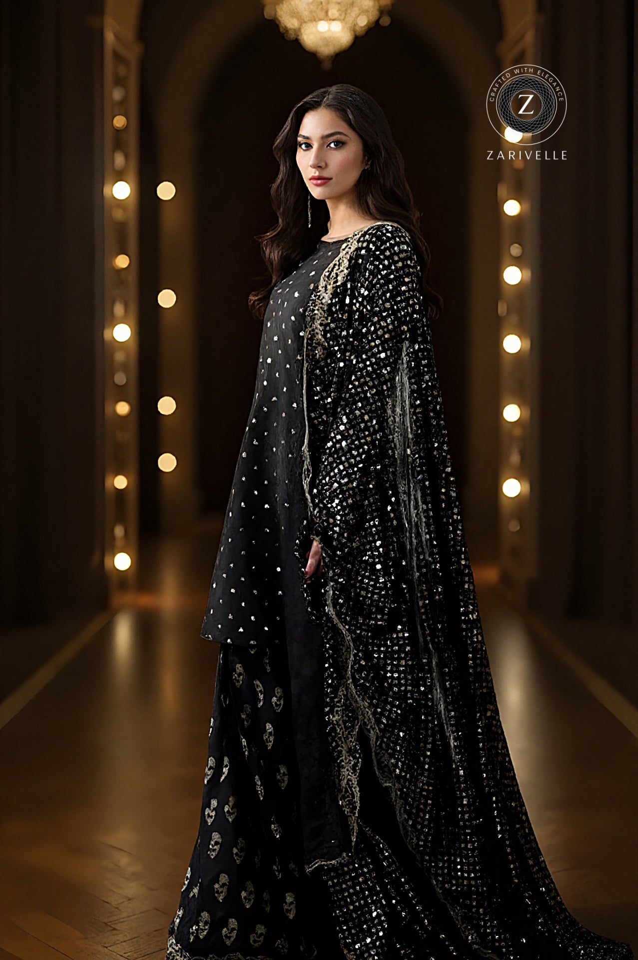 Black Embroidered Georgette Sharara Suit (Side)