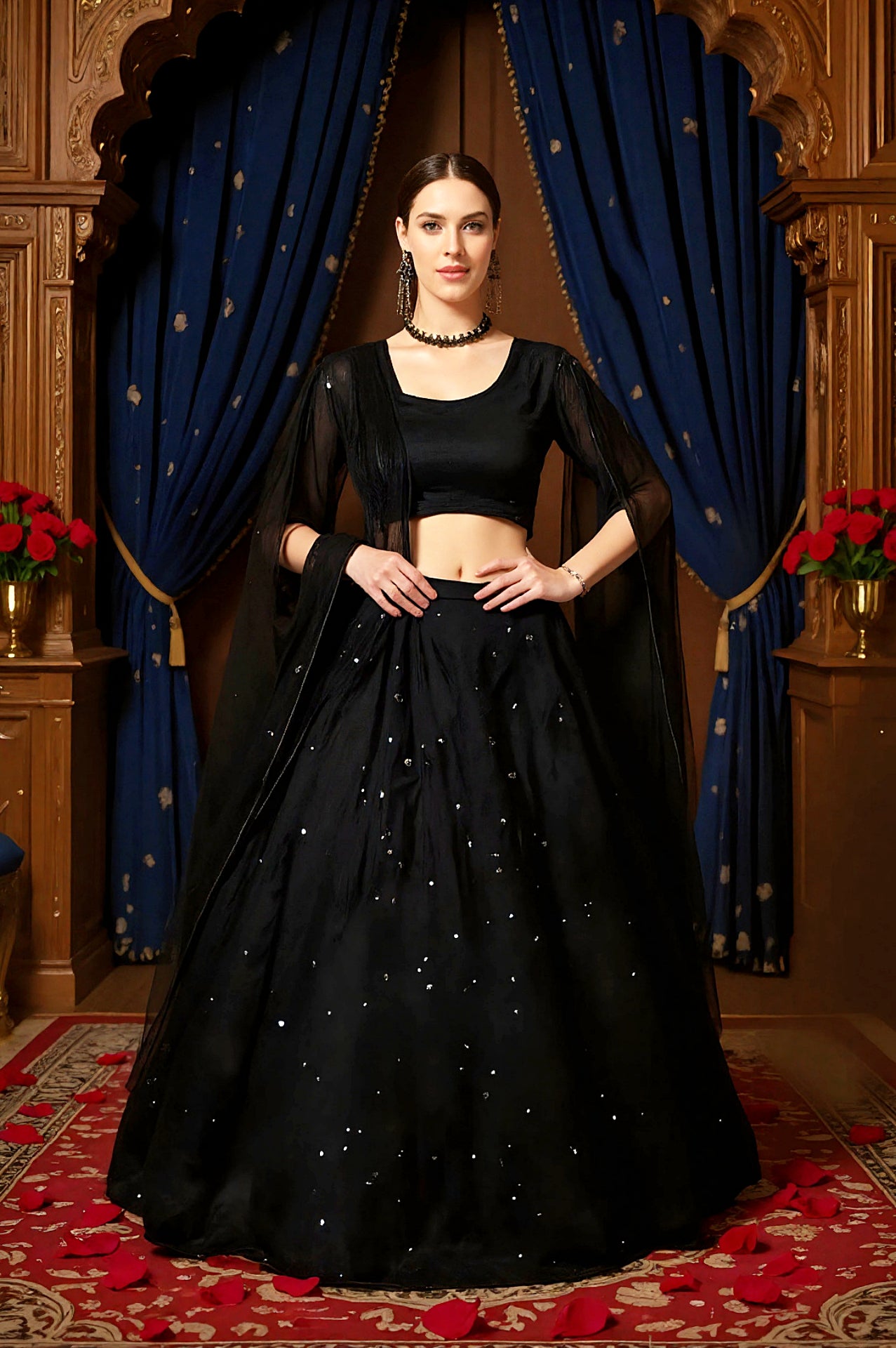 Black Embroidered Premium Net Lehenga (Full)