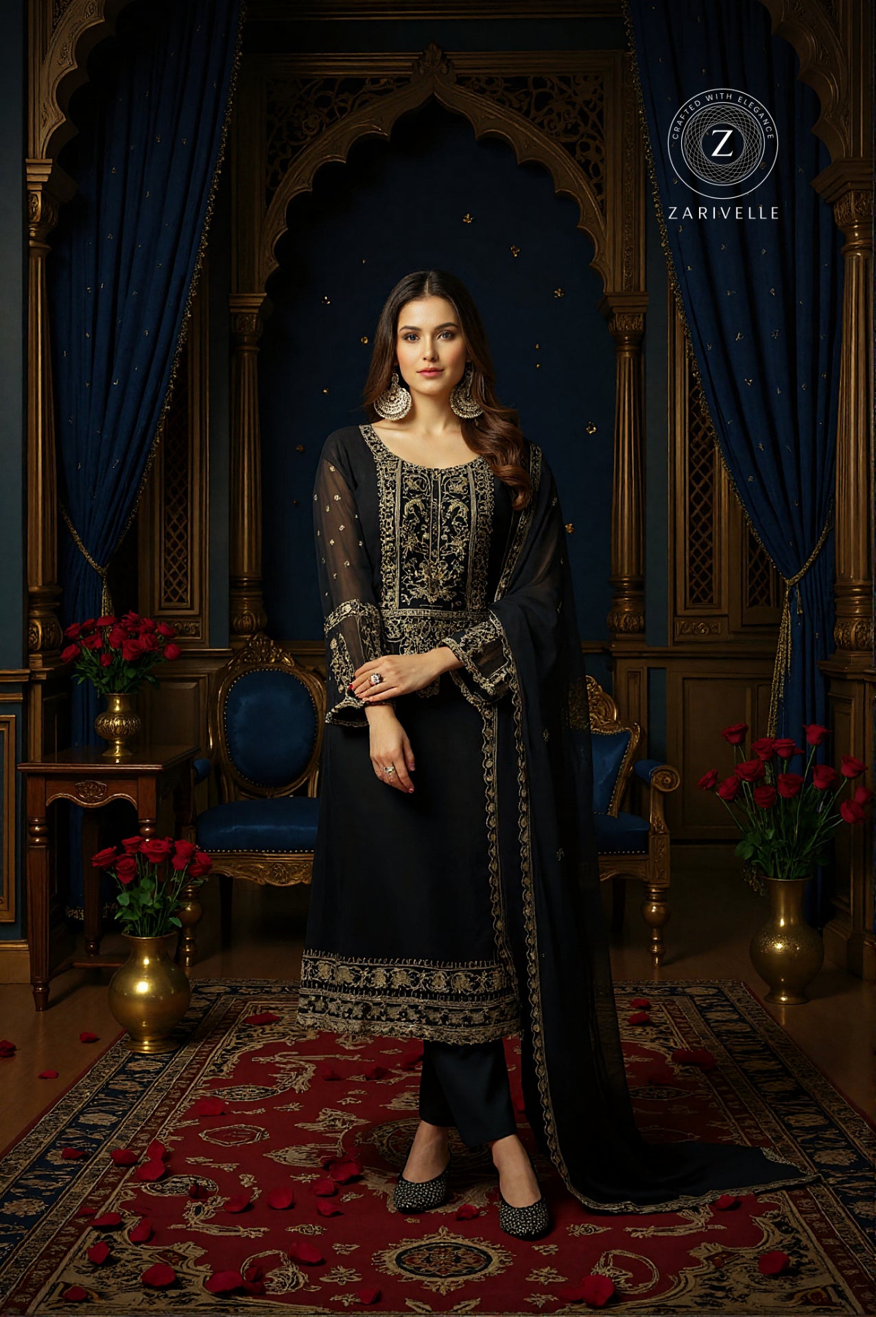 Black Georgette Embroidered Straight Suit (Front view)