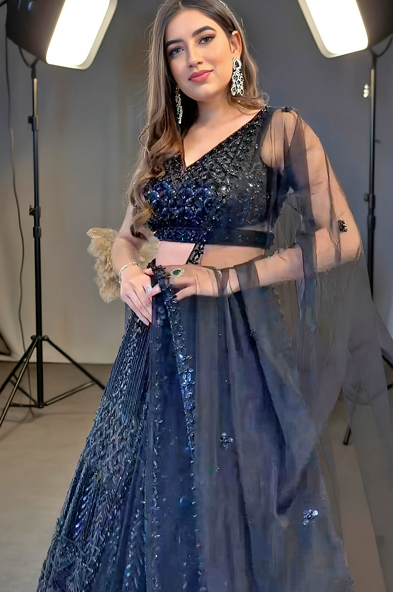 Black Heavy Embroidered Net Lehenga (Close up)