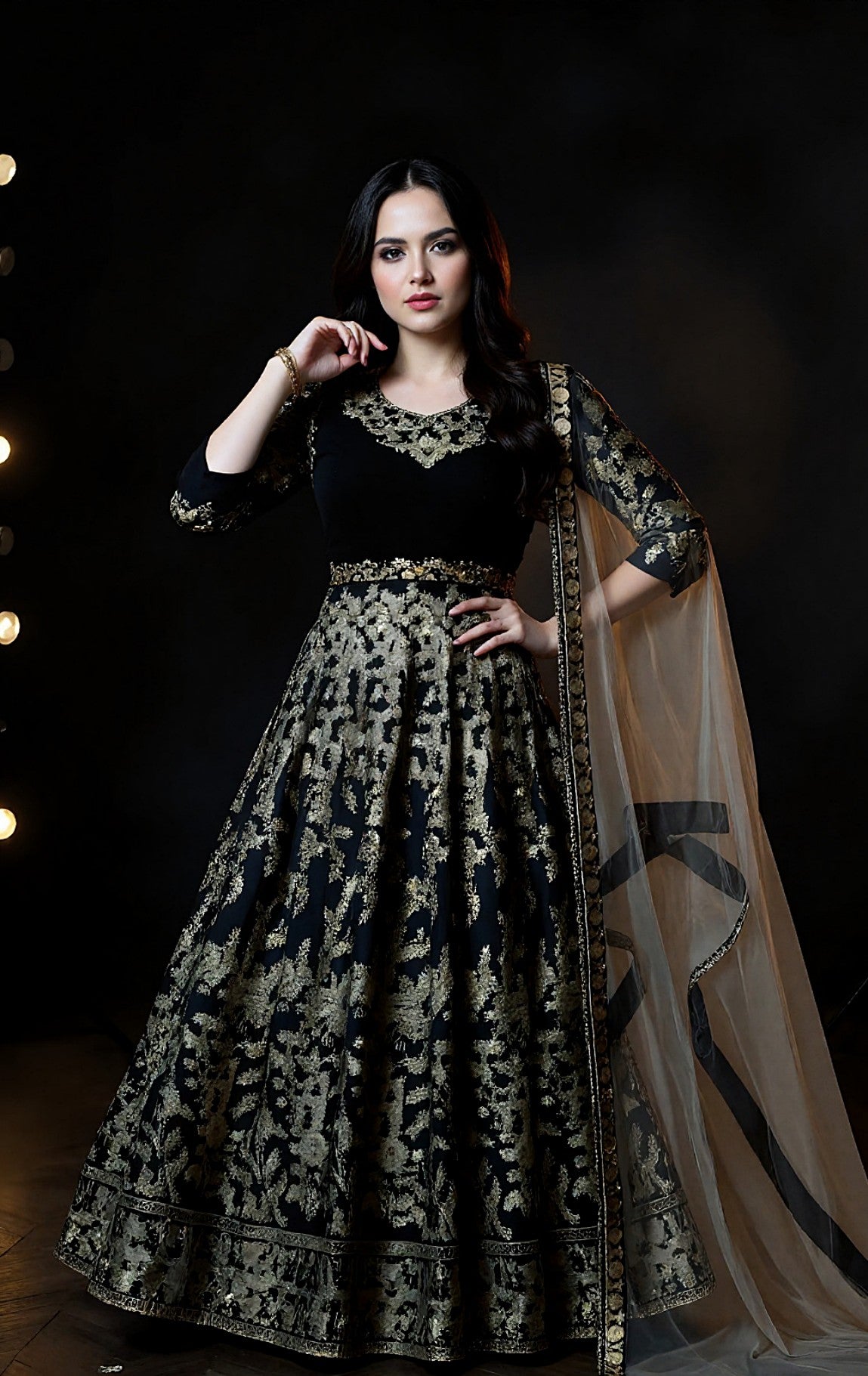 Black Heavy Embroidered Velvet Lehenga (Front)