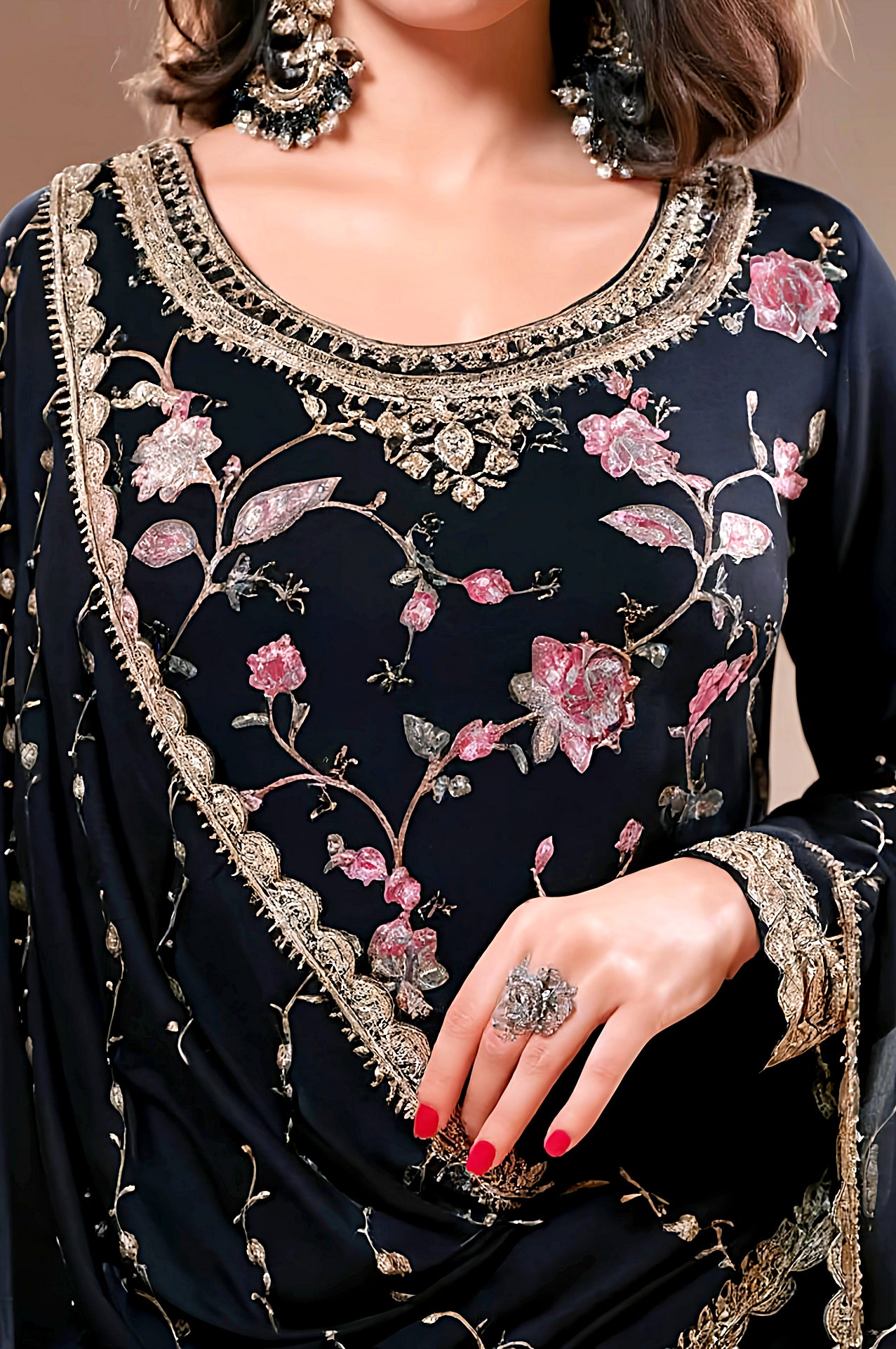 Black Multicolor Embroidered Chiffon Sharara Suit (Close up)