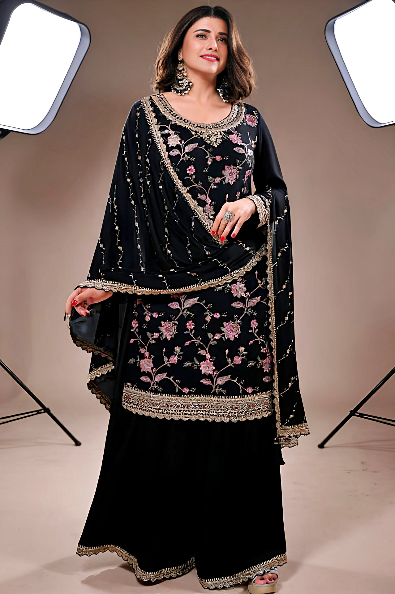 Black Multicolor Embroidered Chiffon Sharara Suit (Full)