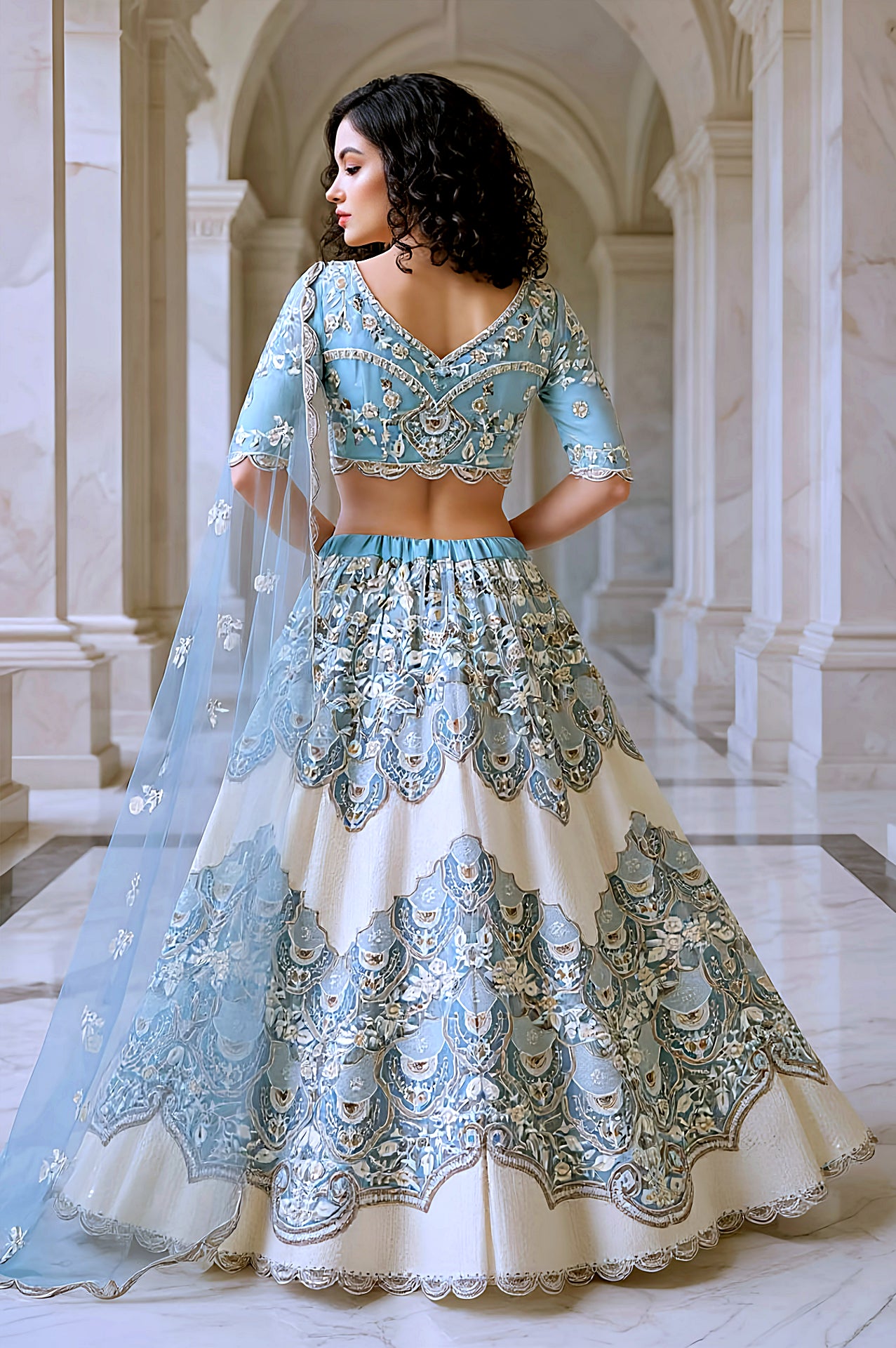 Blue And White Embroidered Premium Georgette Lehenga(3)
