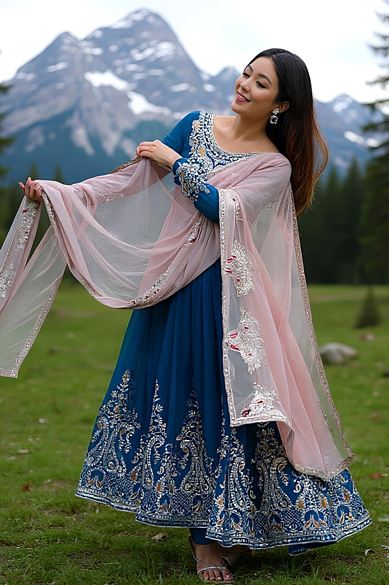 Blue Embroidered Georgette Anarkali Suit (Front)