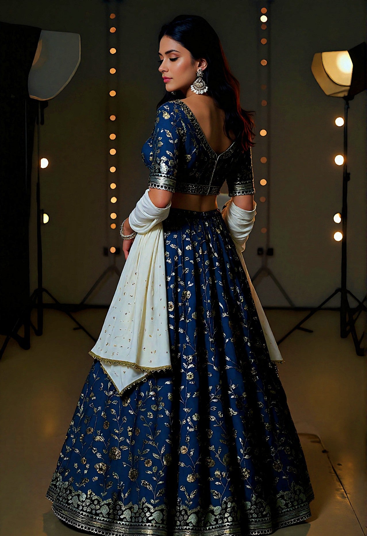 Blue Embroidered Georgette Lehenga (Back)