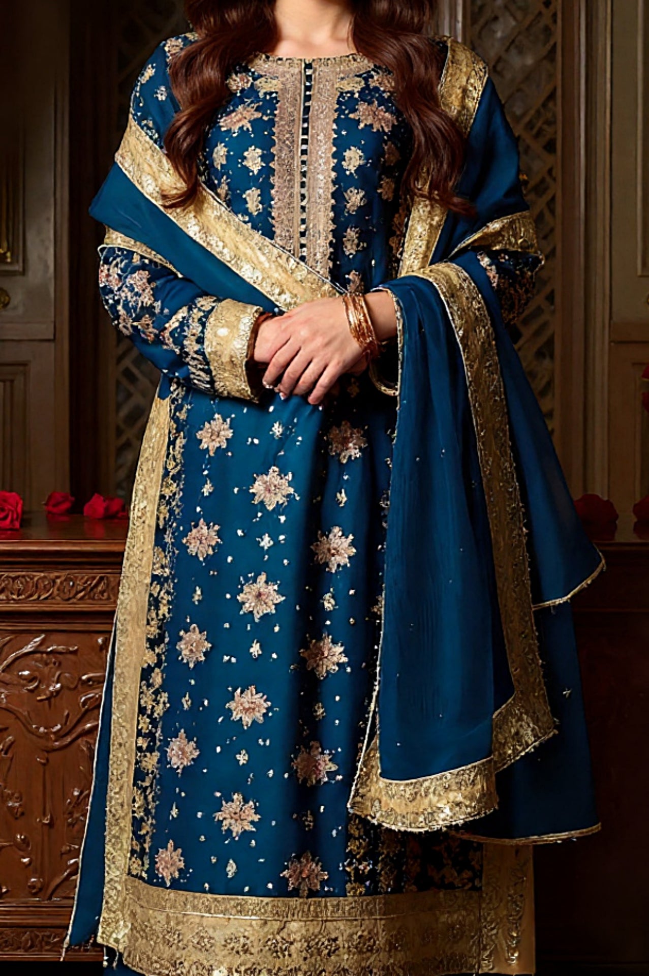 Blue Embroidered Georgette Sharara Suit (Close up)
