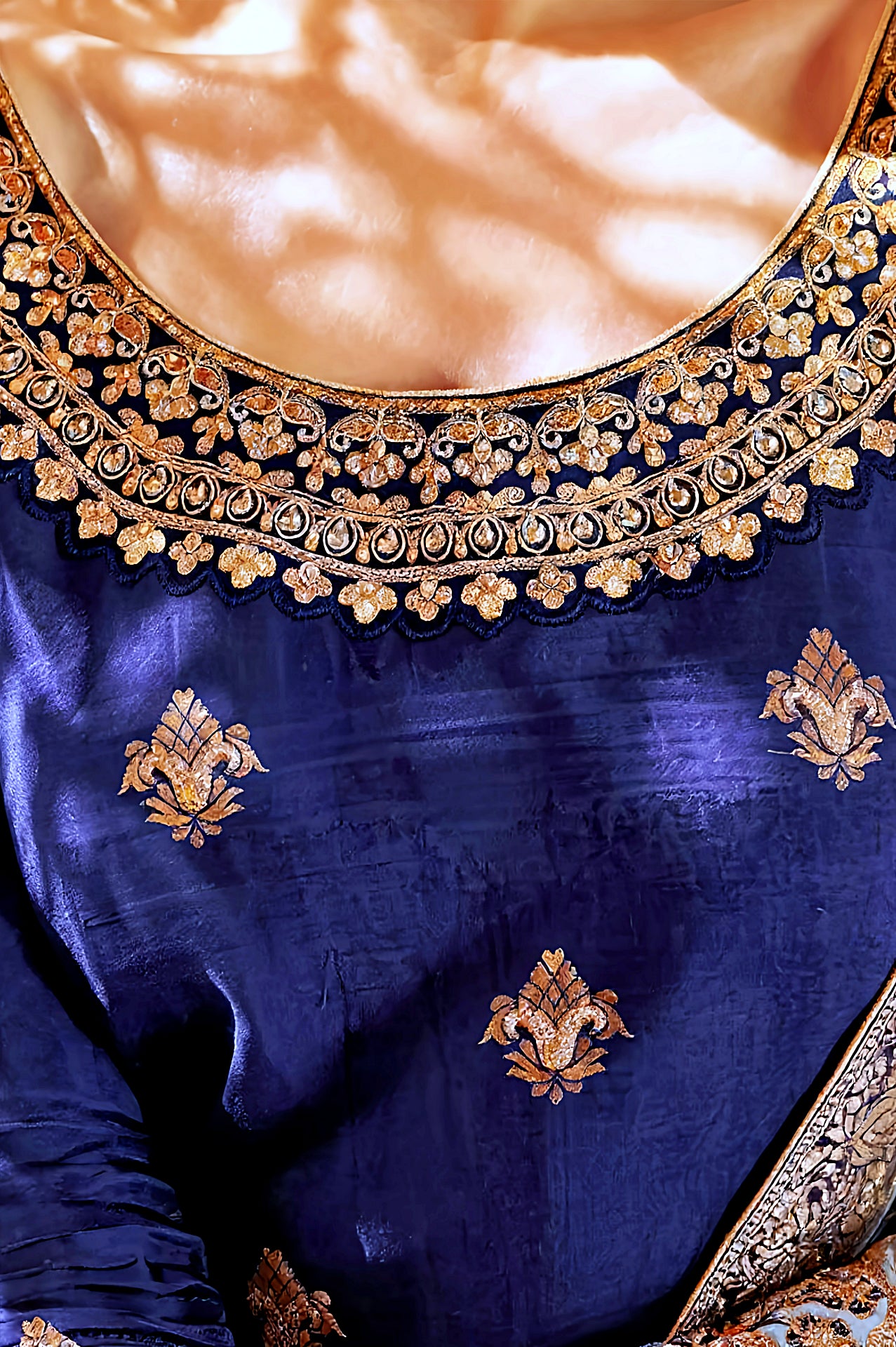 Blue Embroidered Premium Silk Straight Suit (Close up)