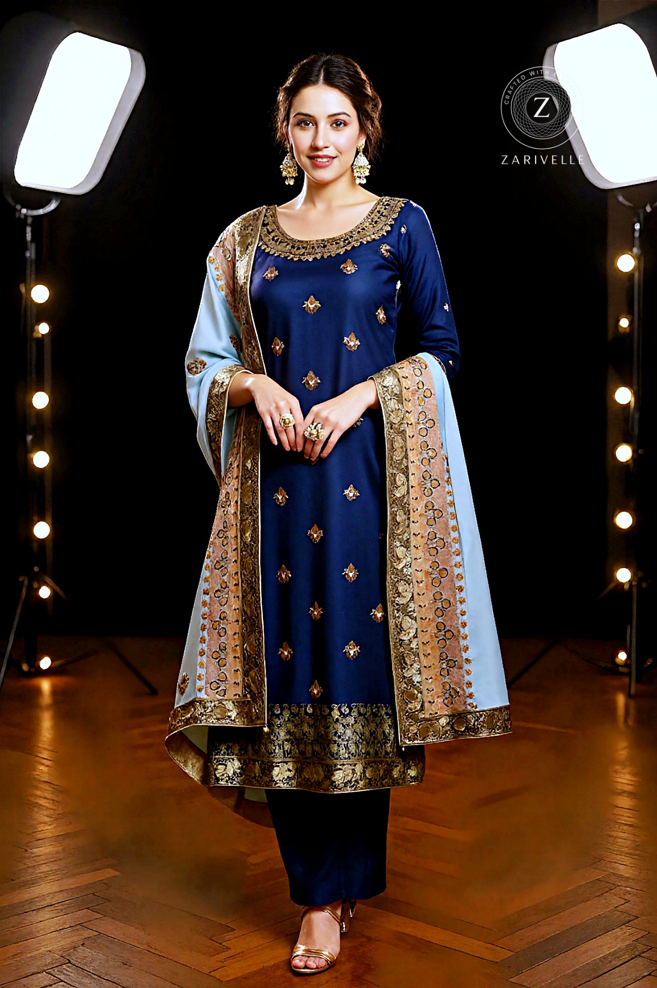 Blue Embroidered Premium Silk Straight Suit (Front)
