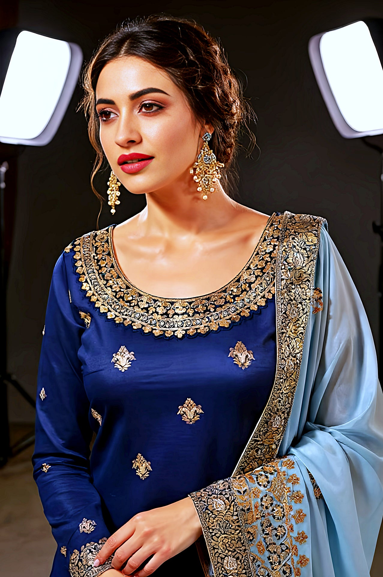 Blue Embroidered Premium Silk Straight Suit (Side)