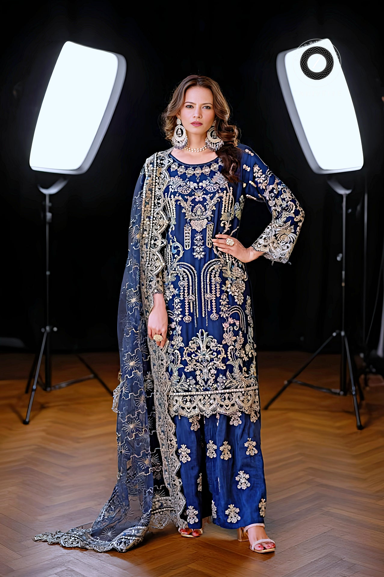 Blue Heavy Embroidered Silk Sharara Suit (Front)