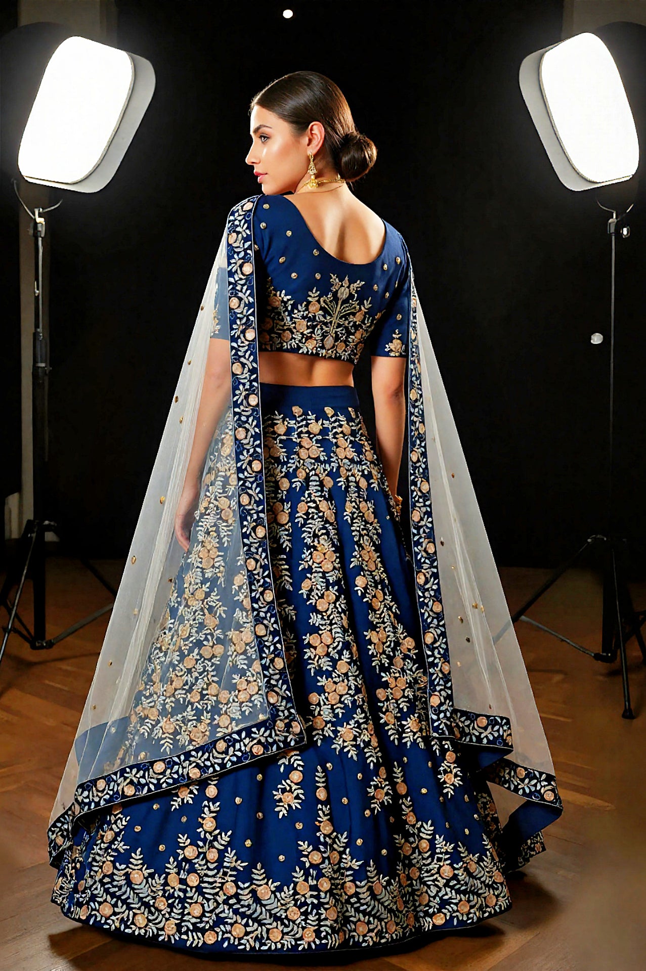 Blue Heavy Embroidered Velvet Lehenga (Back)