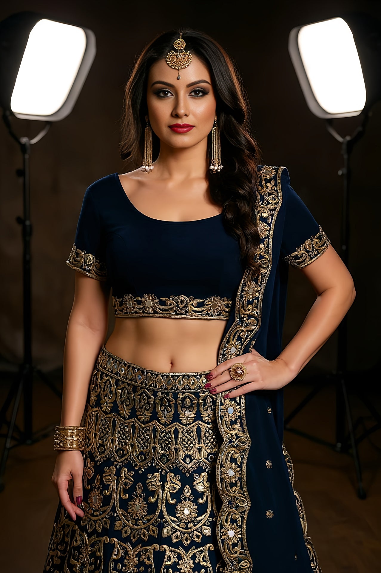 Blue Heavy Embroidered Velvet Lehenga (Close up)