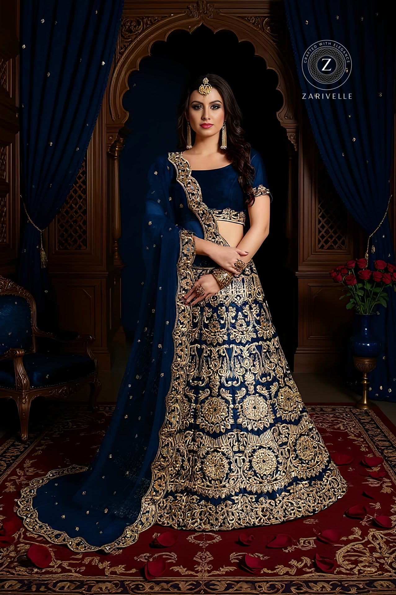 Blue Heavy Embroidered Velvet Lehenga (Front)