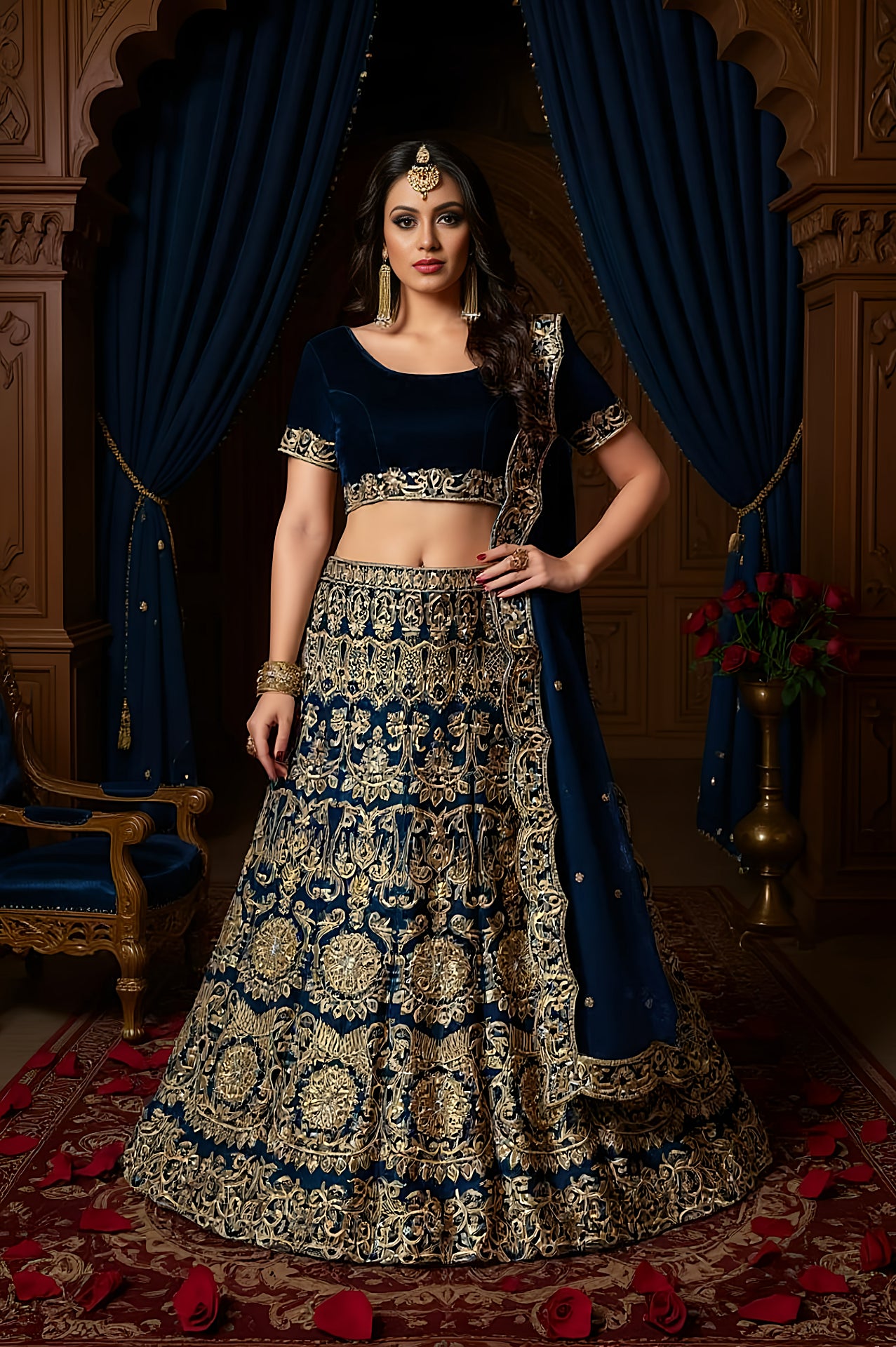 Blue Heavy Embroidered Velvet Lehenga (Side)