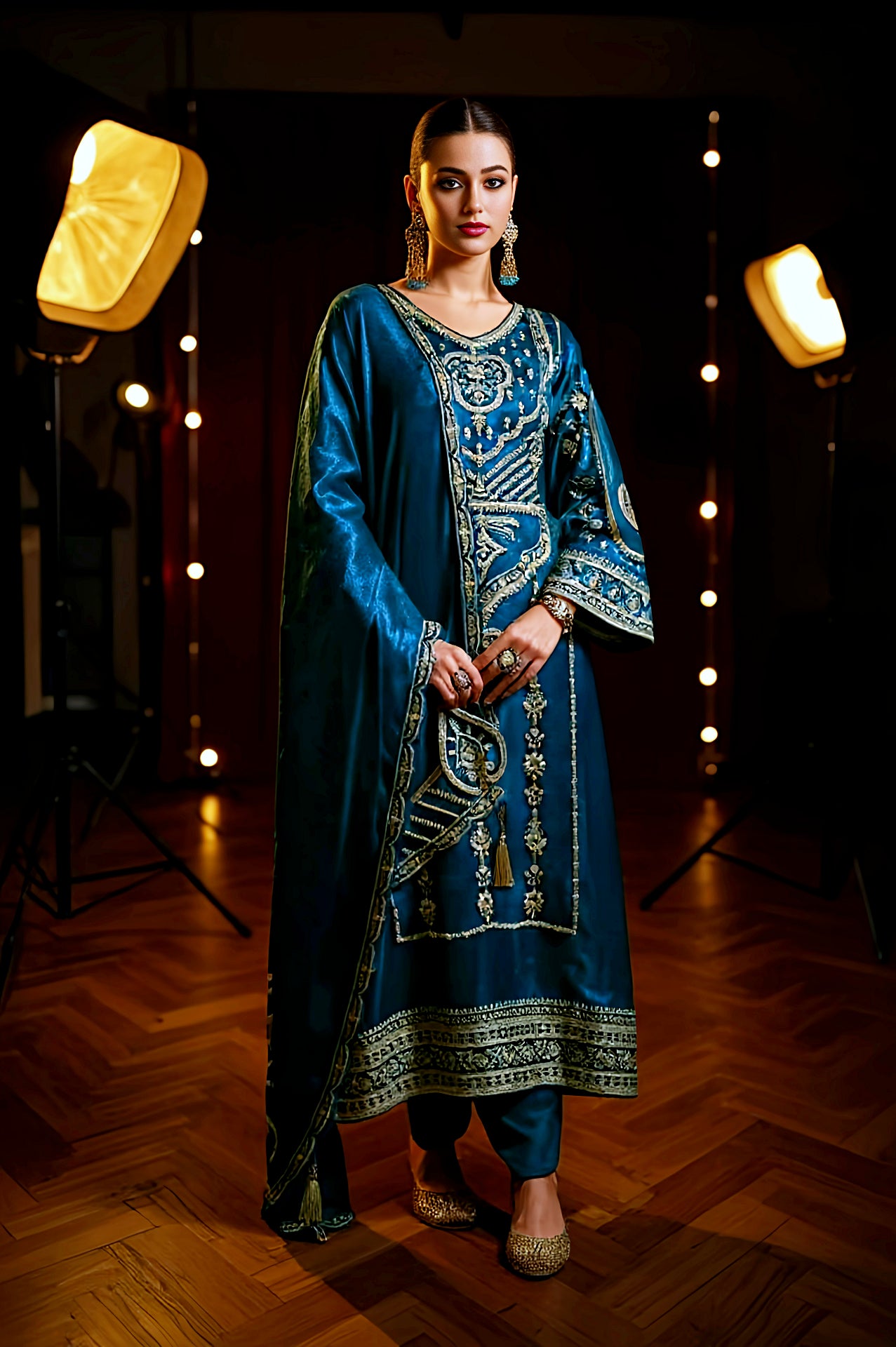 Blue Heavy Embroidered Velvet Straight Suit (Front)