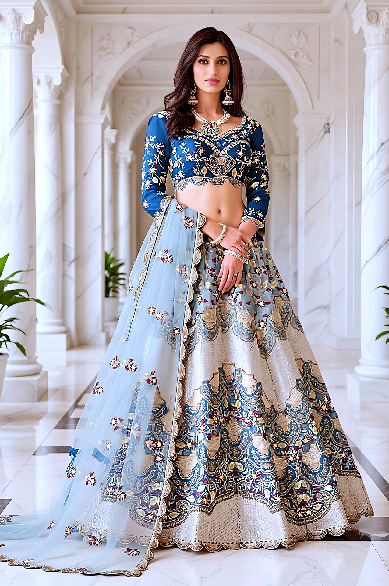 Blue Multicolor Embroidered Designer Silk Lehenga (Front)