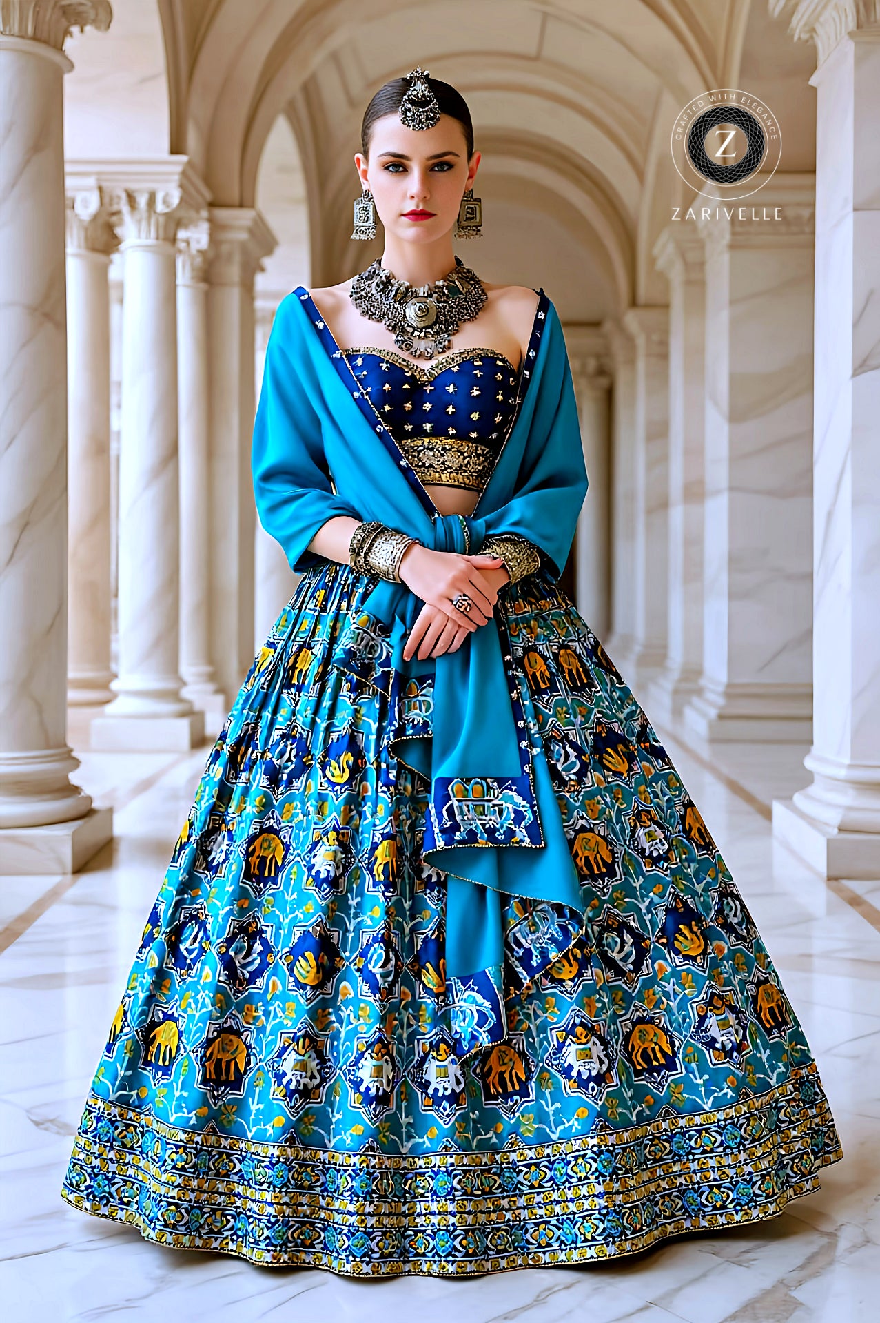 Blue Multicolor Embroidered Silk Designer Lehenga (Front)
