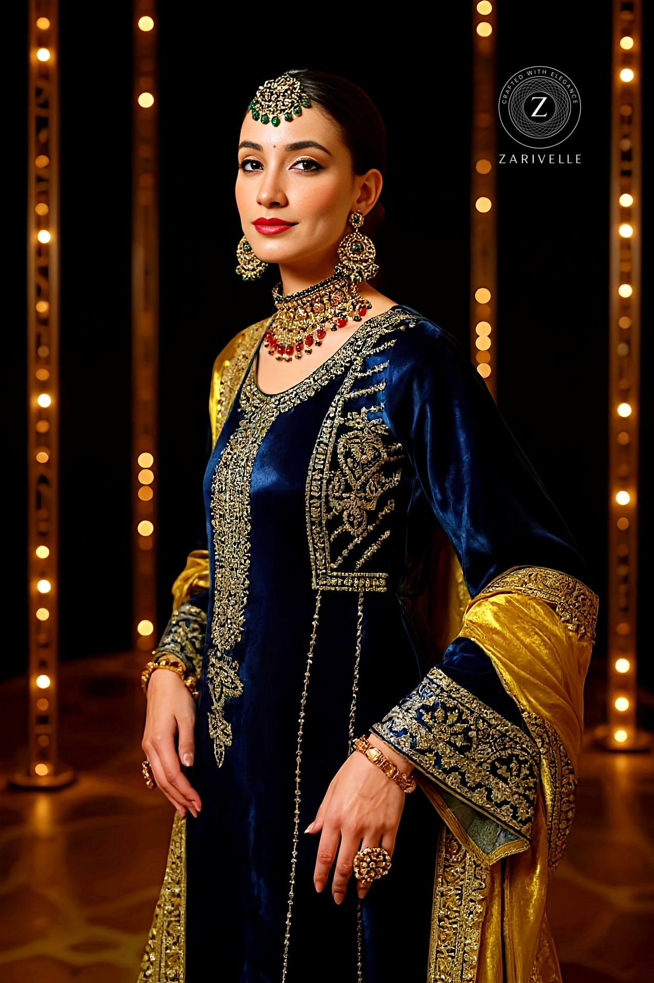 Blue Multicolor Embroidered Velvet Straight Suit (Close up)