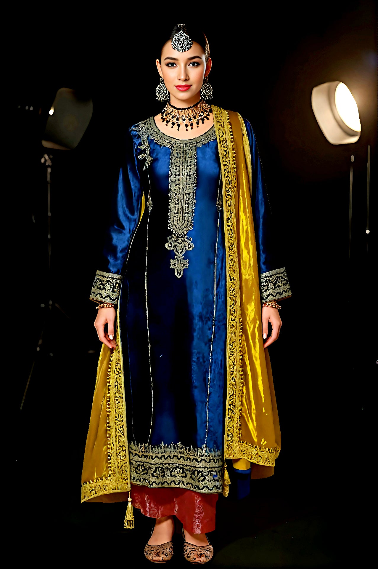 Blue Multicolor Embroidered Velvet Straight Suit (Front)
