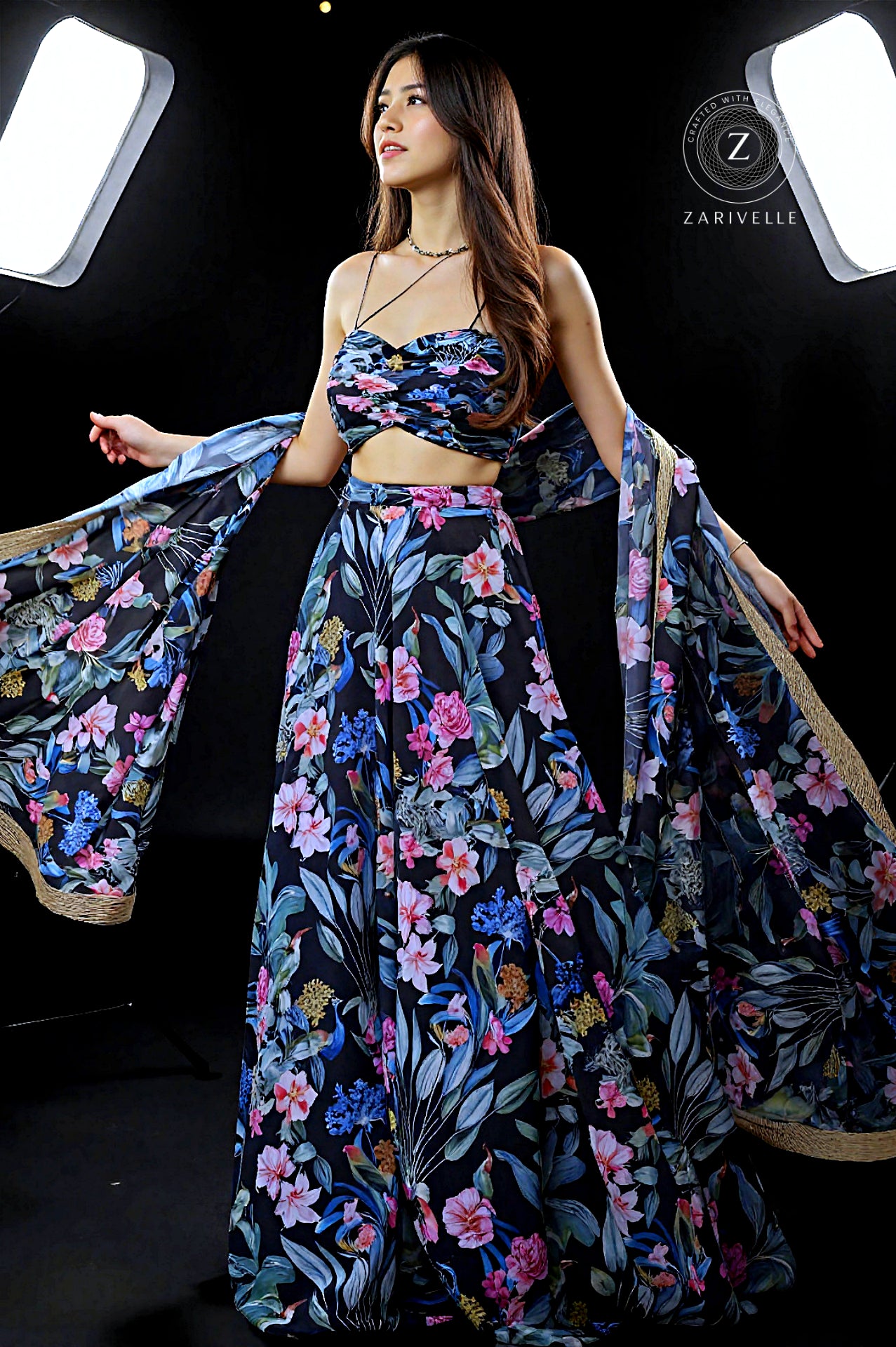 Blue Multicolor Printed Georgette Lehenga (Front)