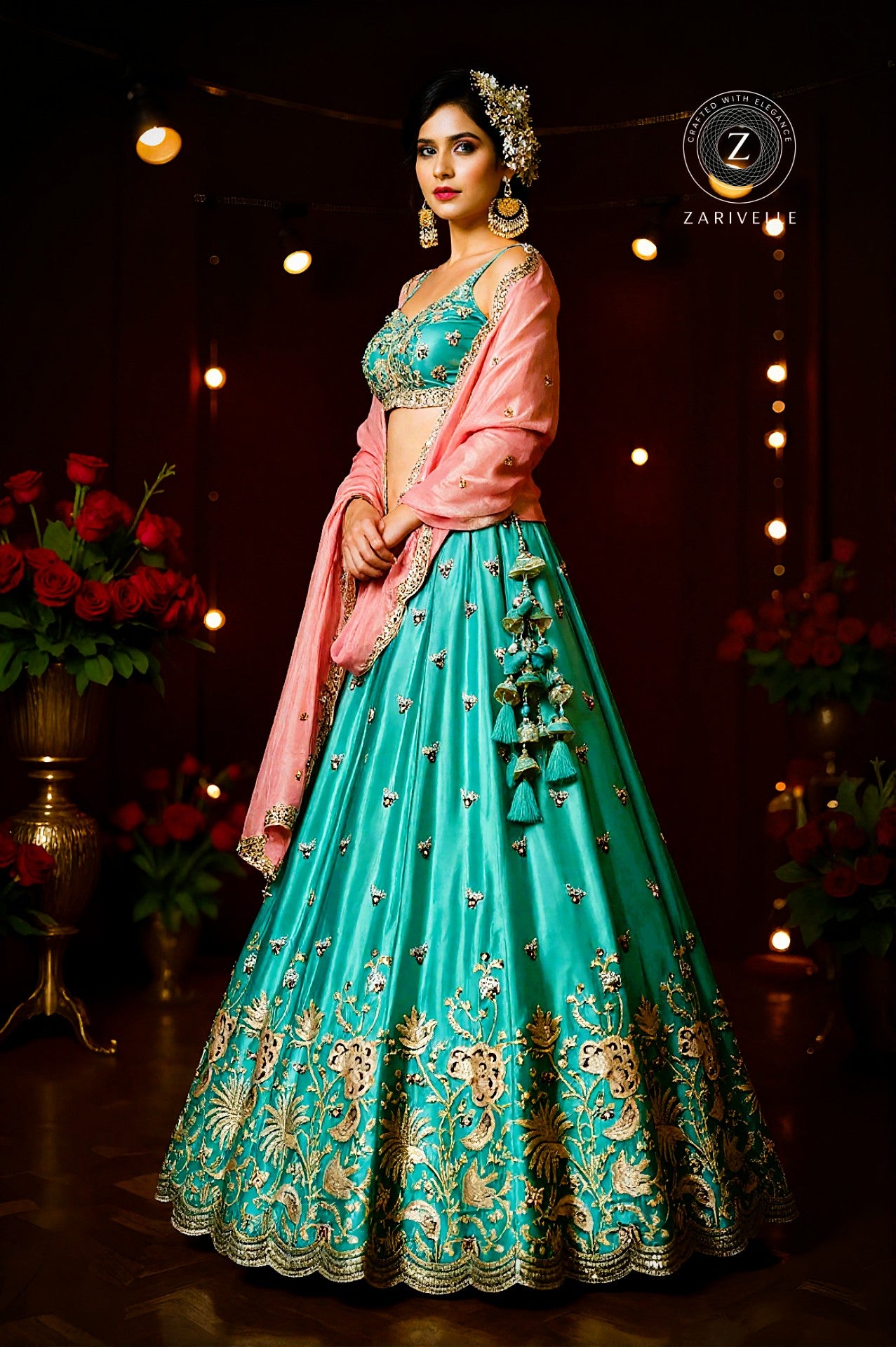 Blue and Pink Embroidered Satin Silk Lehenga (Side View)
