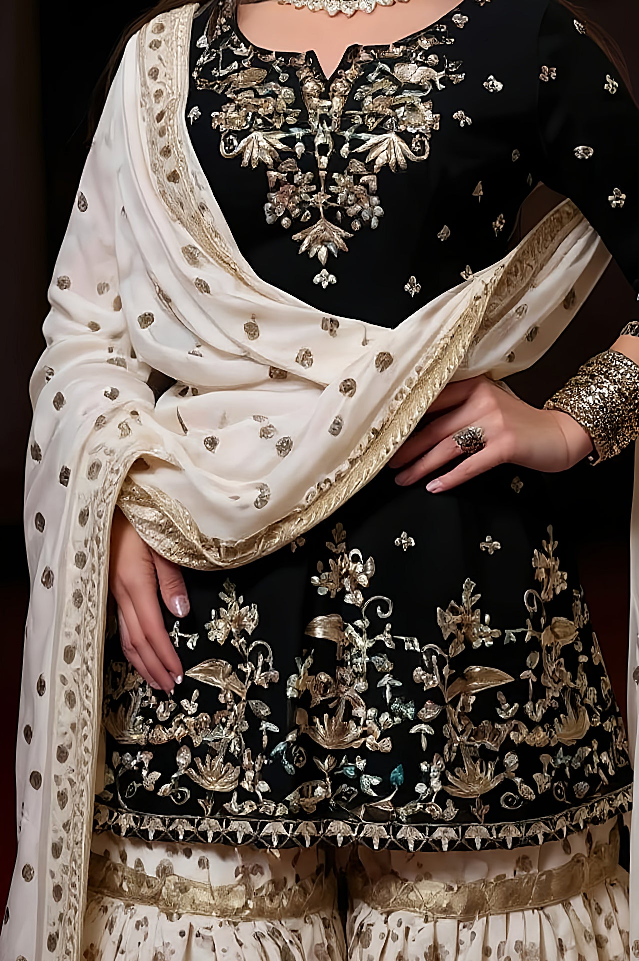 Blue and White Georgette Sharara Palazzo Suit (Close up)