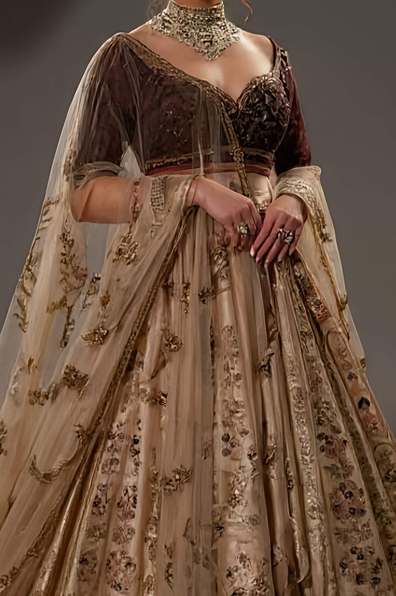 Brown Embroidered Silk Lehenga (Close up)