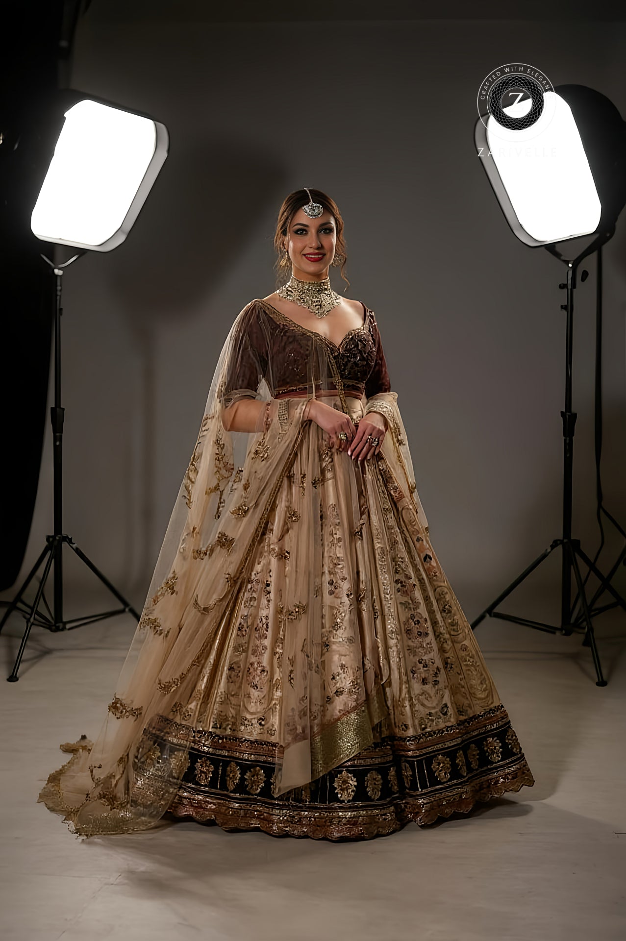 Brown Embroidered Silk Lehenga (Front)