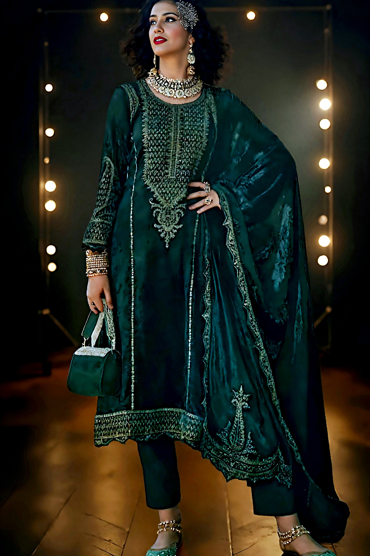 Dark Green Embroidered Premium Velvet Straight Suit (Front)