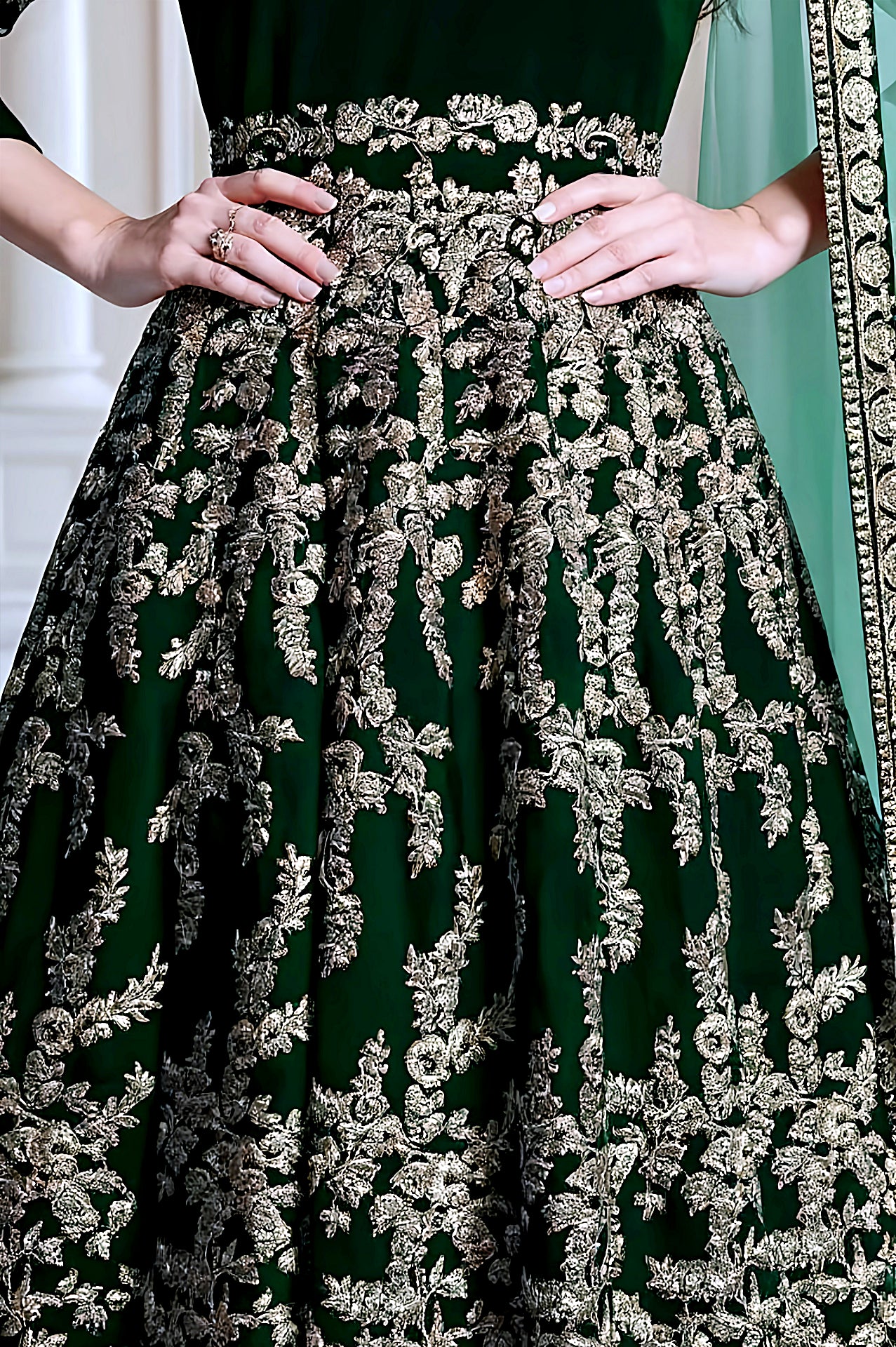 Dark Green Embroidered Velvet Lehenga (Close up)