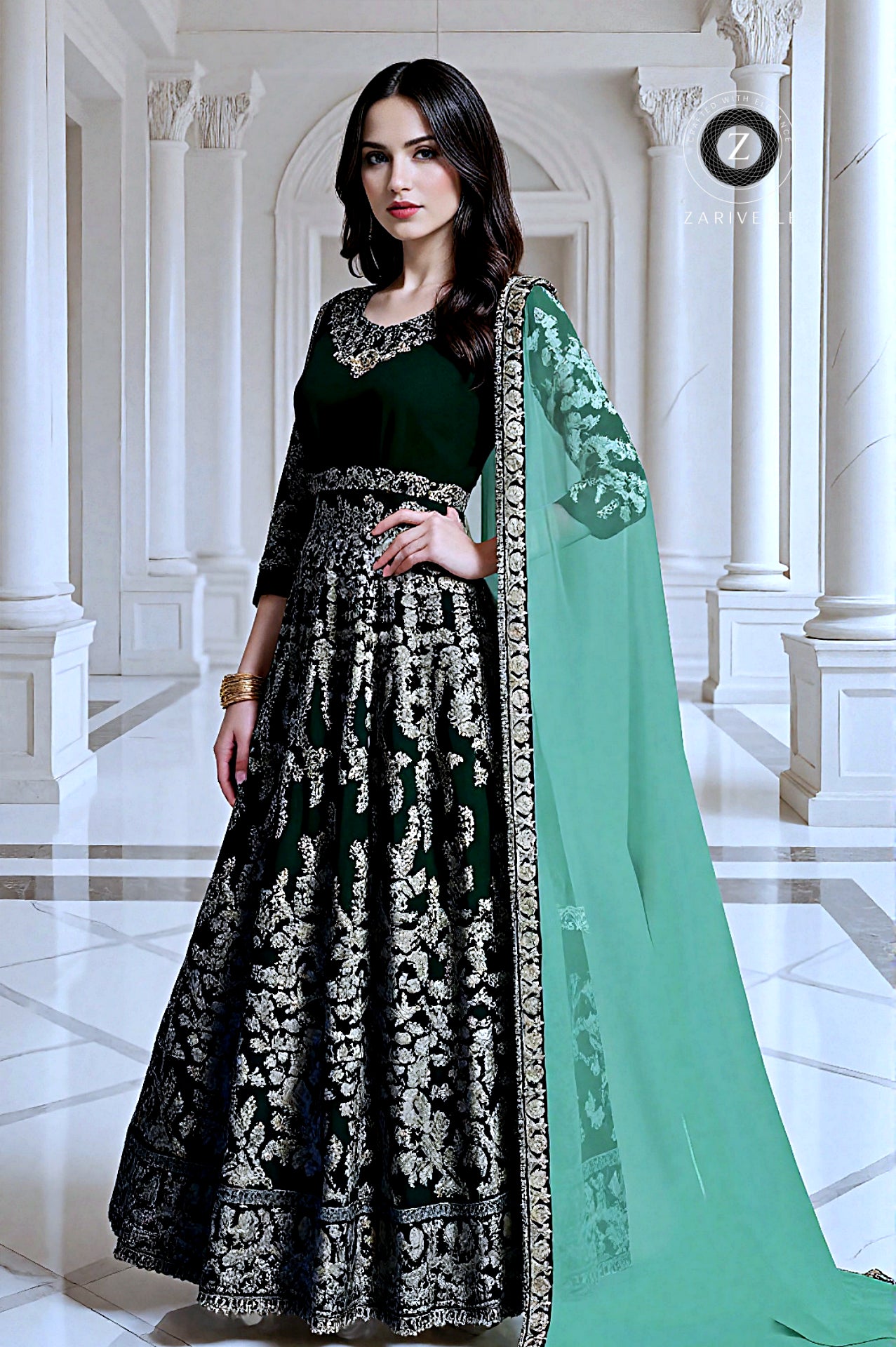 Dark Green Embroidered Velvet Lehenga (Front)