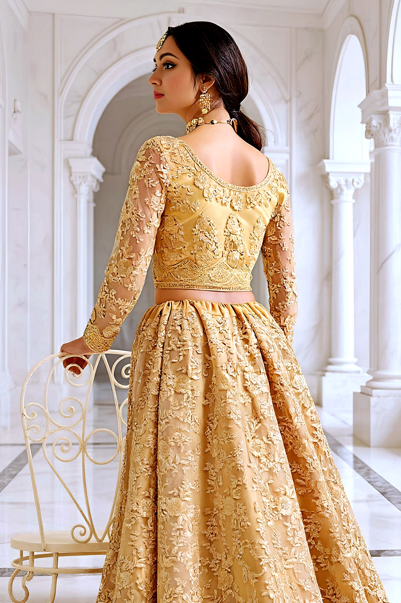 Gold Embroidered Premium Net Lehenga (Back)