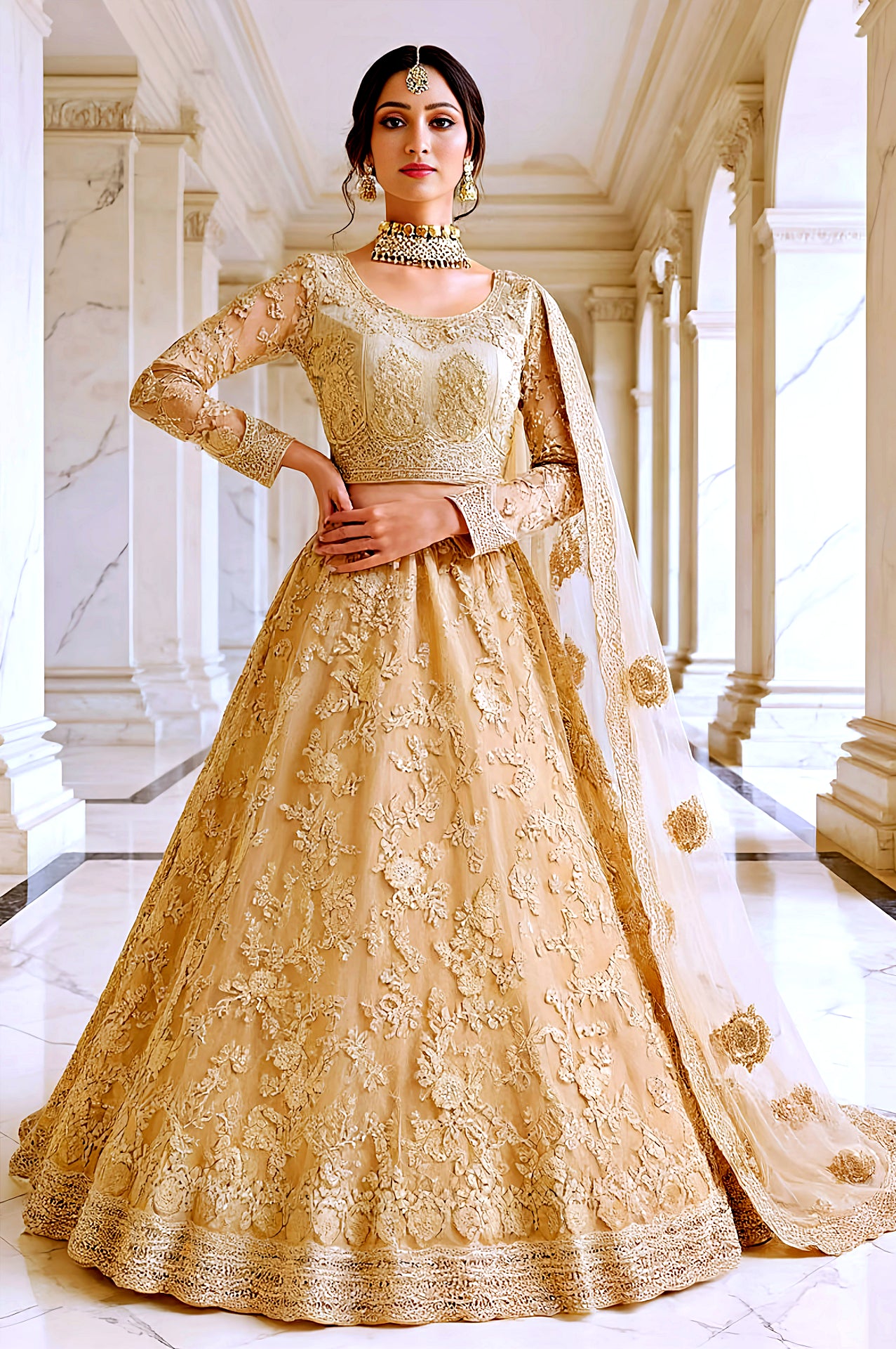Gold Embroidered Premium Net Lehenga (Front)