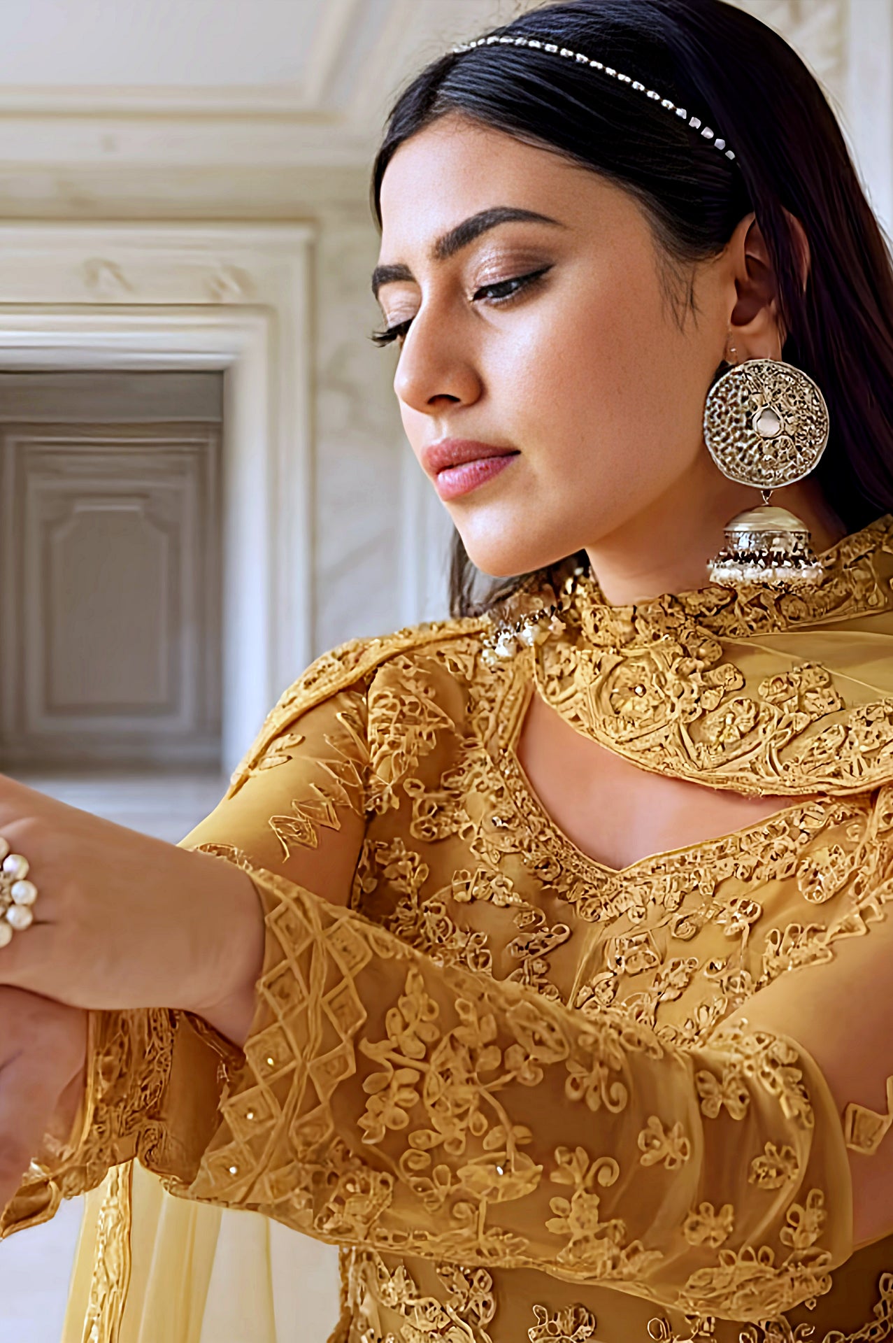 Gold Heavy Embroidered Premium Net Lehenga (Side)