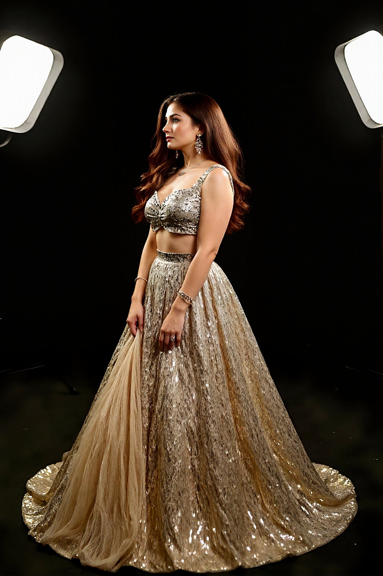 Gold Heavy Embroidered Silk Lehenga (Side)