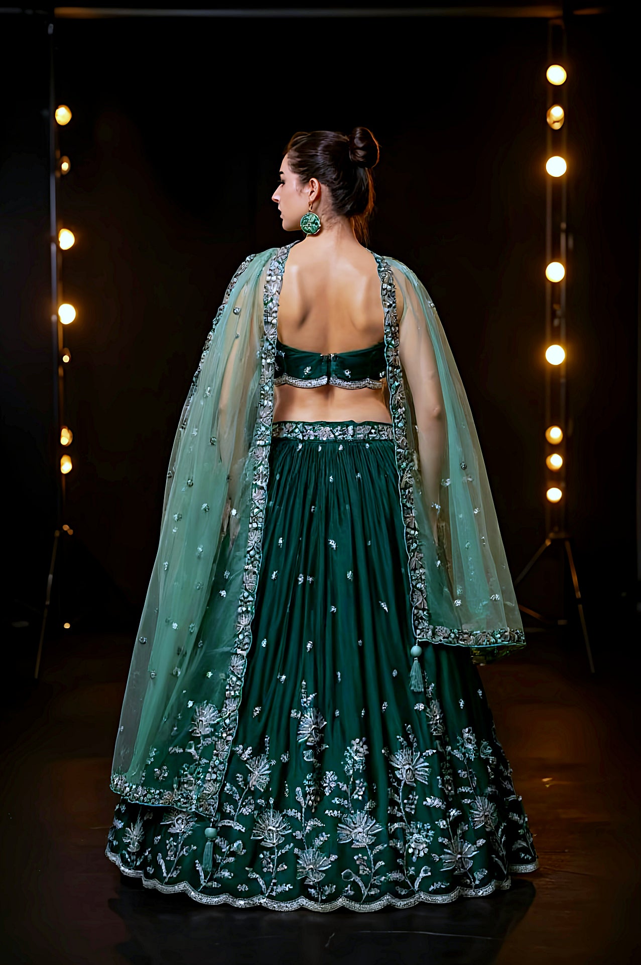 Green Embroidered Chiffon Silk Lehenga (Back)