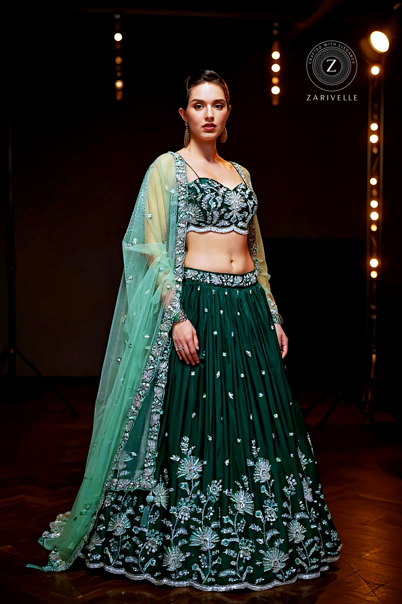 Green Embroidered Chiffon Silk Lehenga (Front)