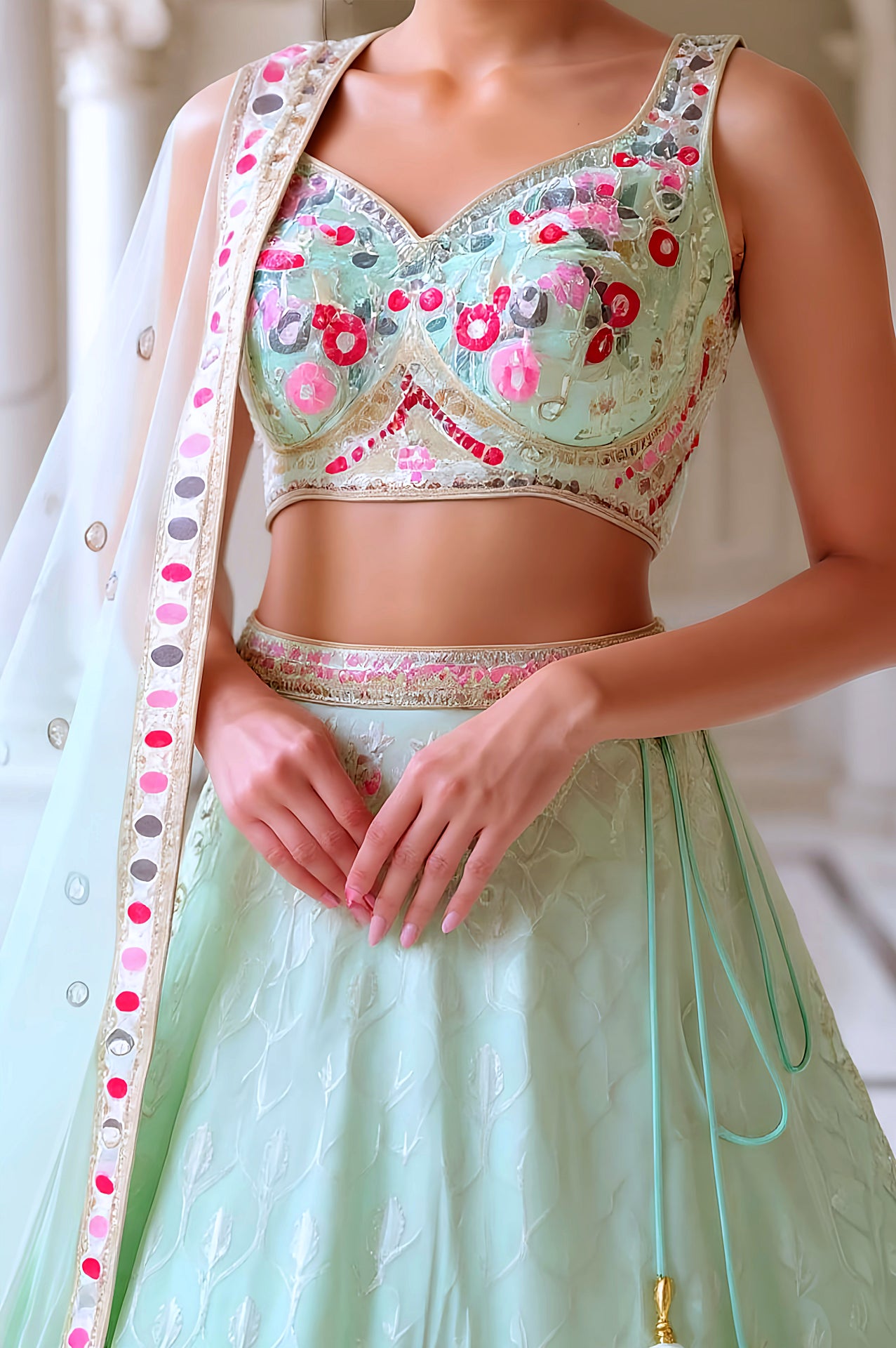Green Embroidered Georgette Lehenga (close up)