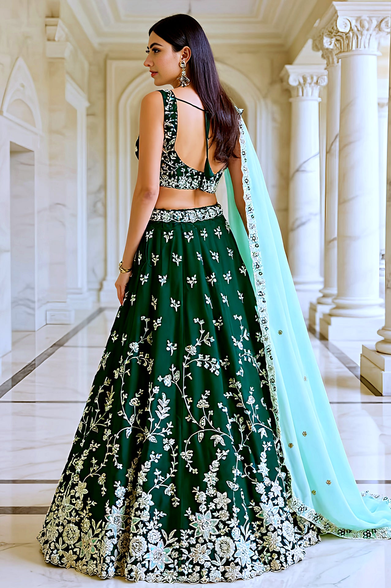 Green Embroidered Organza Lehenga (Back)