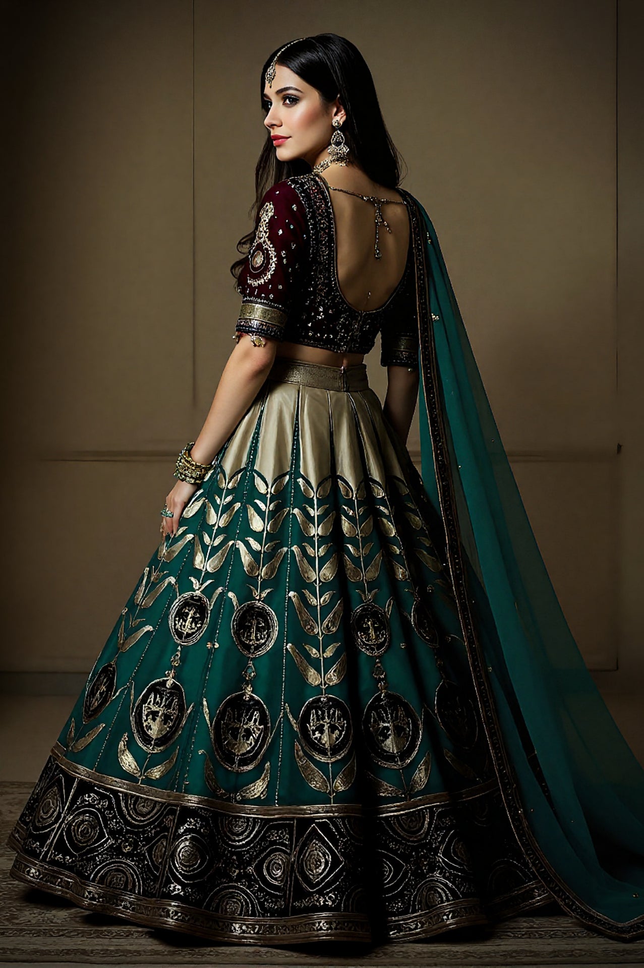 Green Embroidered Silk Lehenga (Back View)