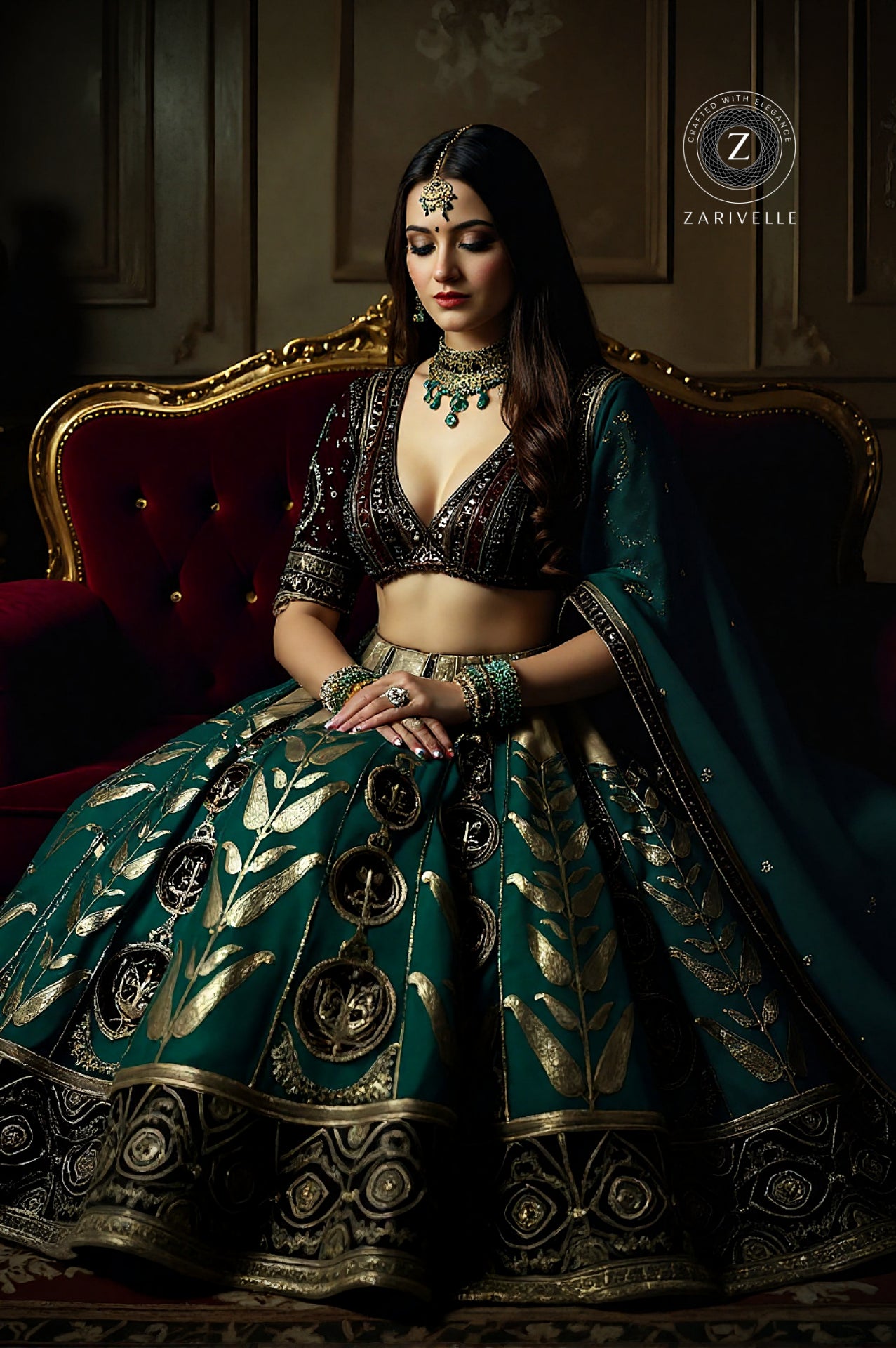 Green Embroidered Silk Lehenga (Sitting View)