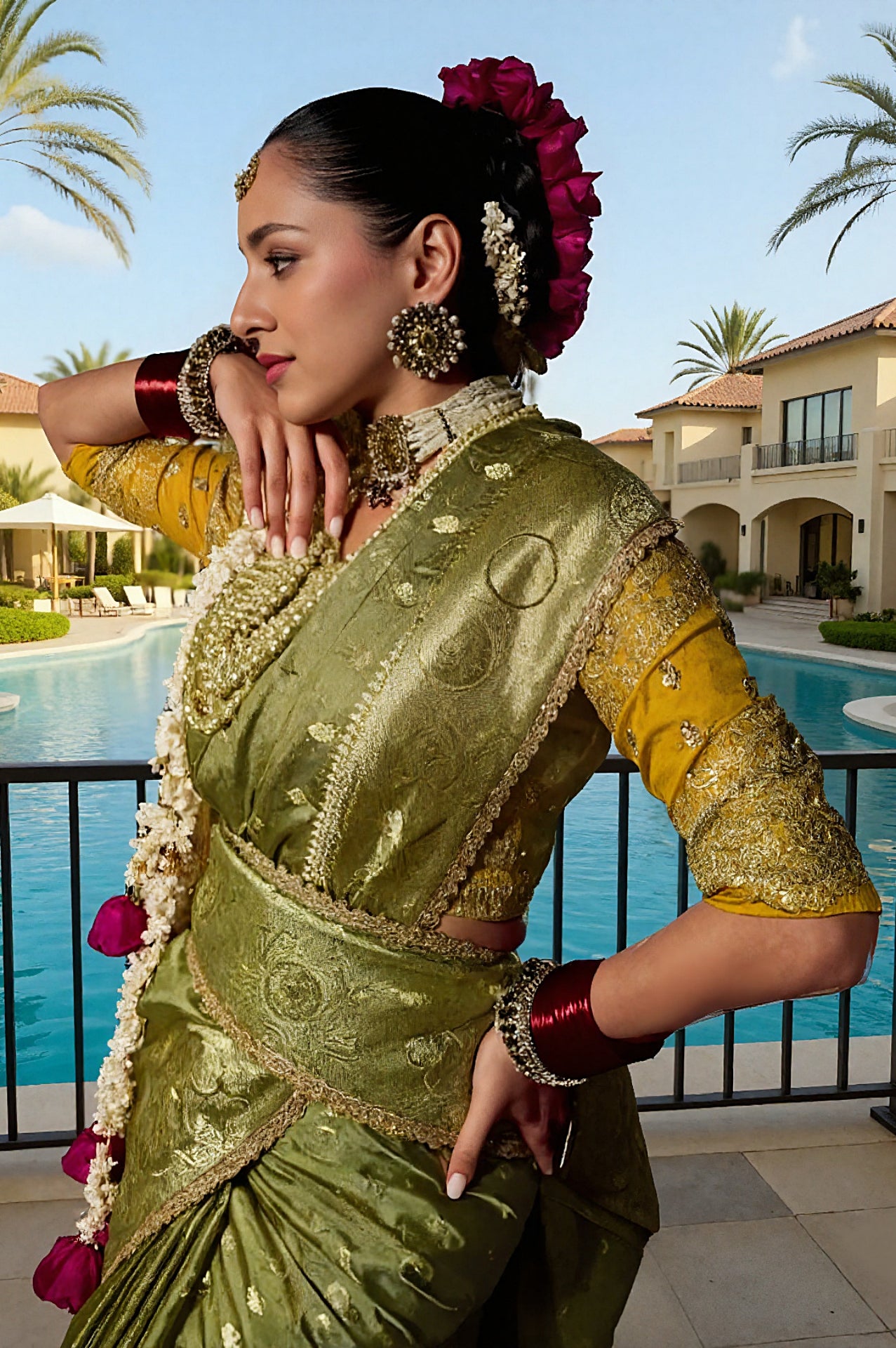 Green Heavy Embroidered Viscose Saree (Close up)