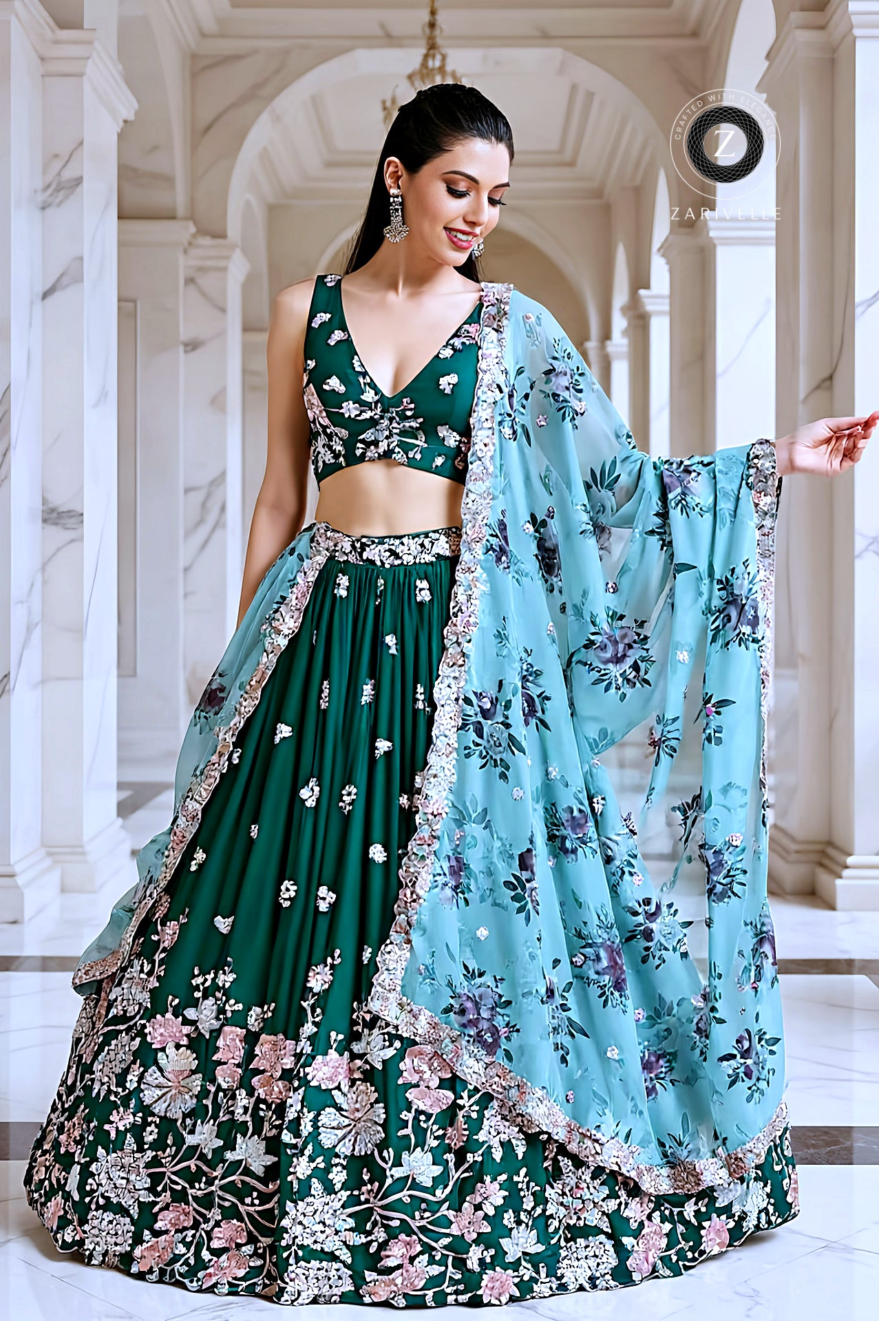 Green Multicolor Embroidered Georgette Lehenga (Front)